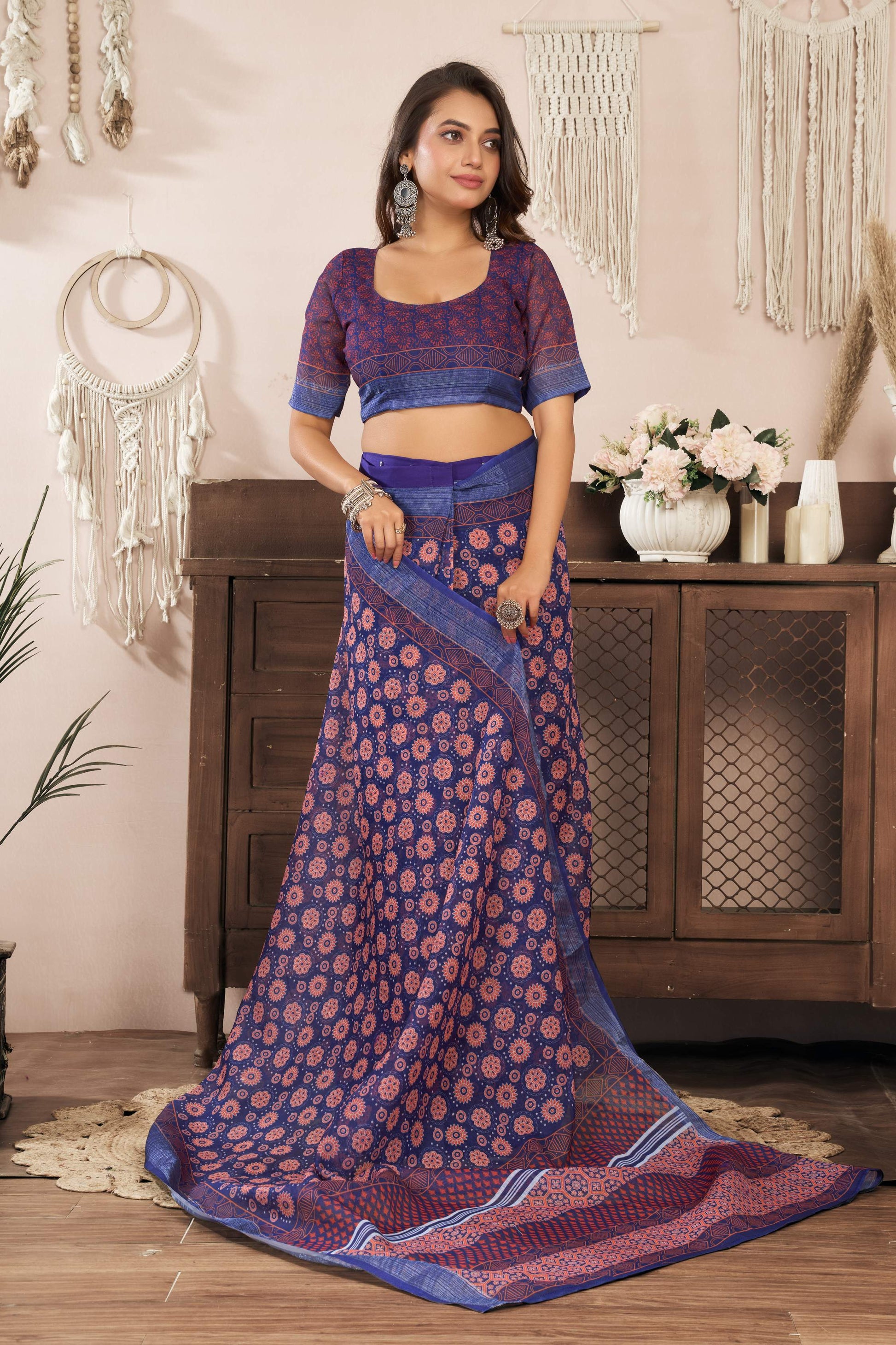 Dwija Fashion Blue Party Wear Printed Linen Ready To Wear Saree With Unstitched Blouse