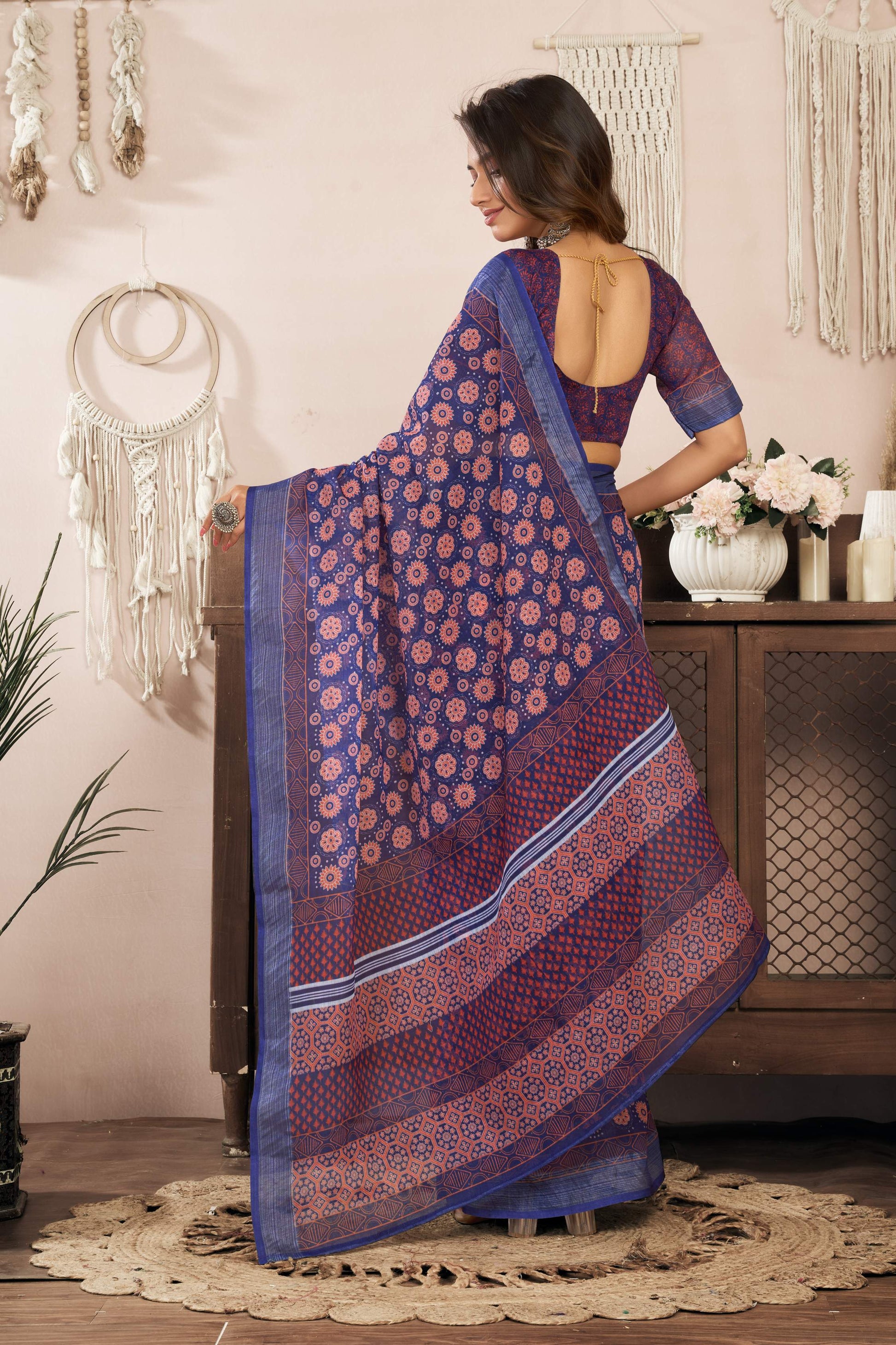 Dwija Fashion Blue Party Wear Printed Linen Ready To Wear Saree With Unstitched Blouse