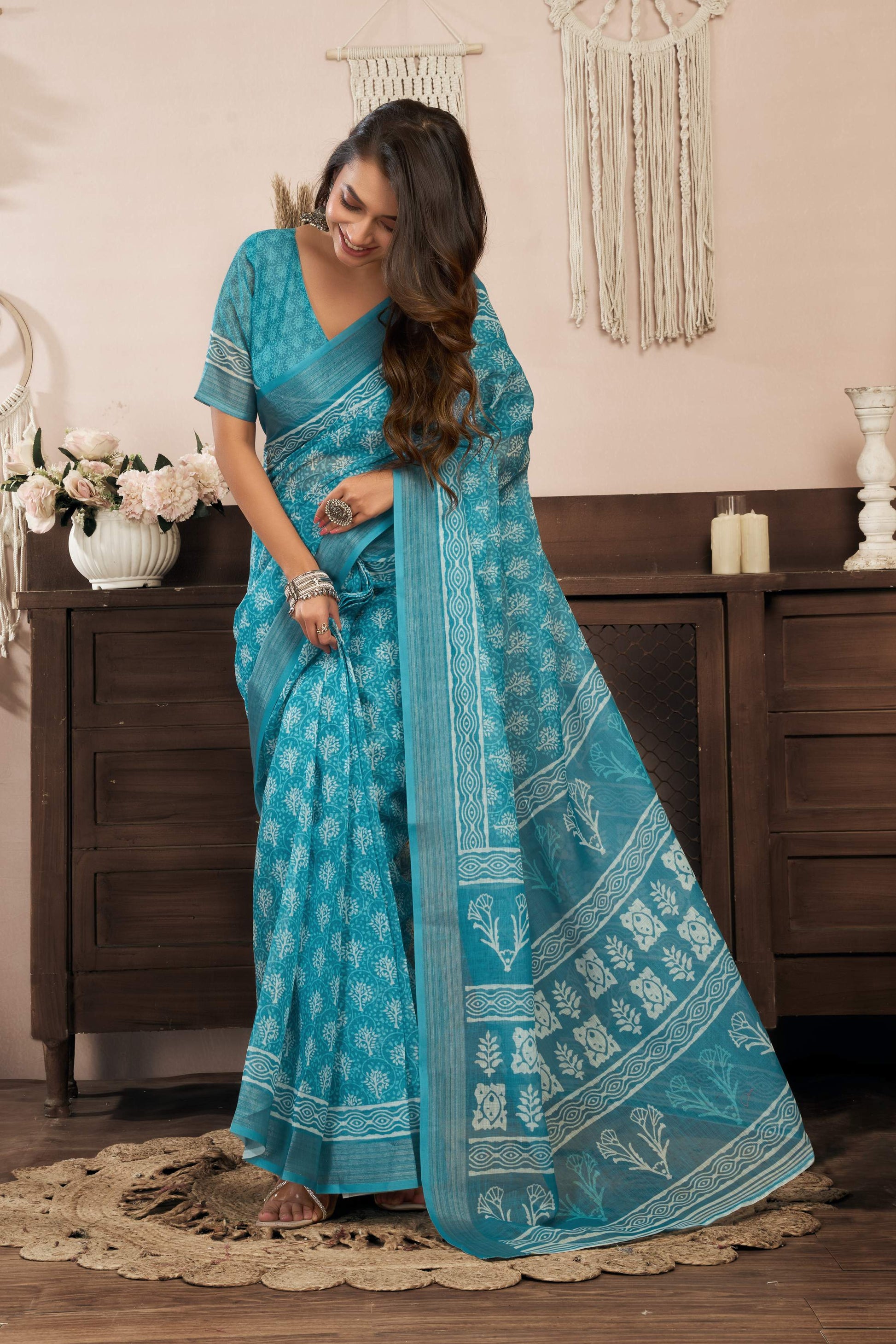 Dwija Fashion Turquoise Blue Party Wear Printed Linen Ready To Wear Saree With Unstitched Blouse