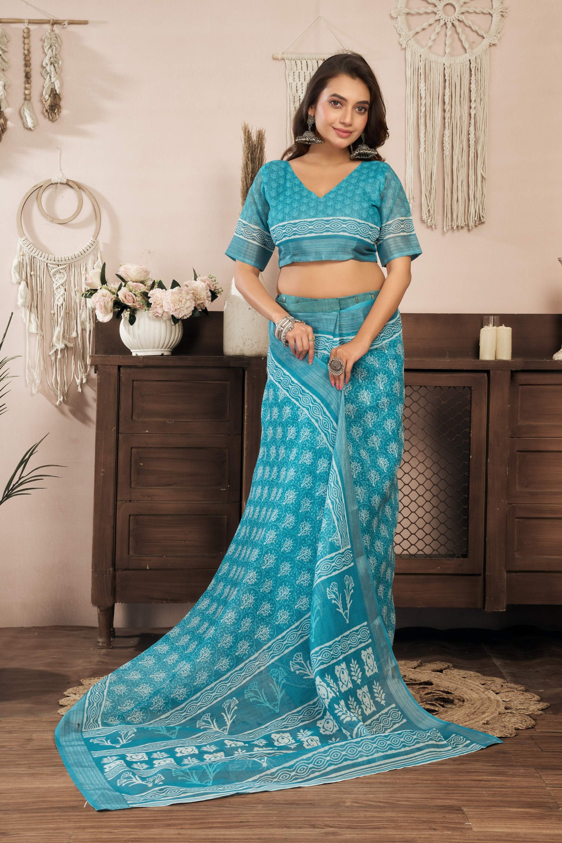 Dwija Fashion Turquoise Blue Party Wear Printed Linen Ready To Wear Saree With Unstitched Blouse