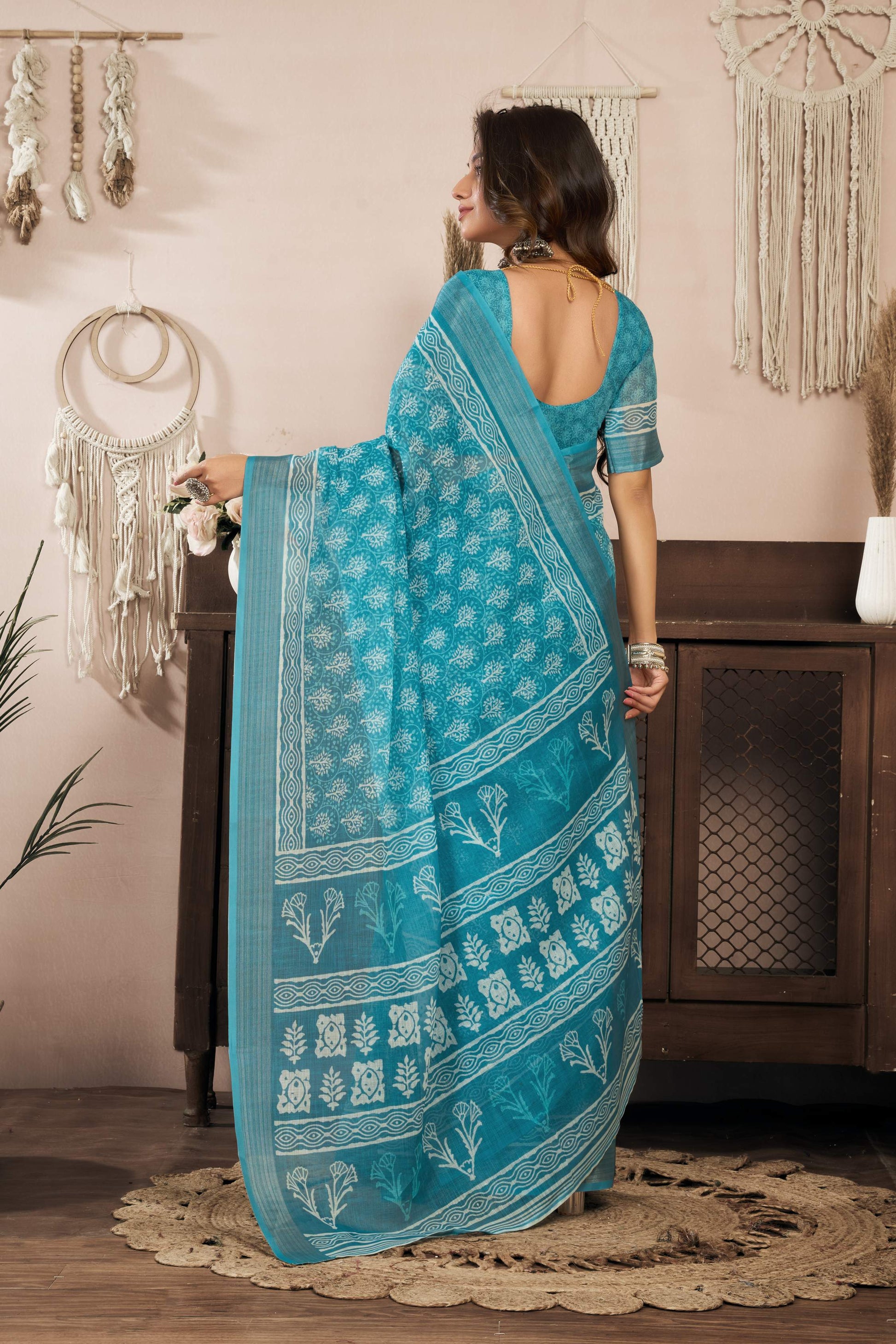 Dwija Fashion Turquoise Blue Party Wear Printed Linen Ready To Wear Saree With Unstitched Blouse