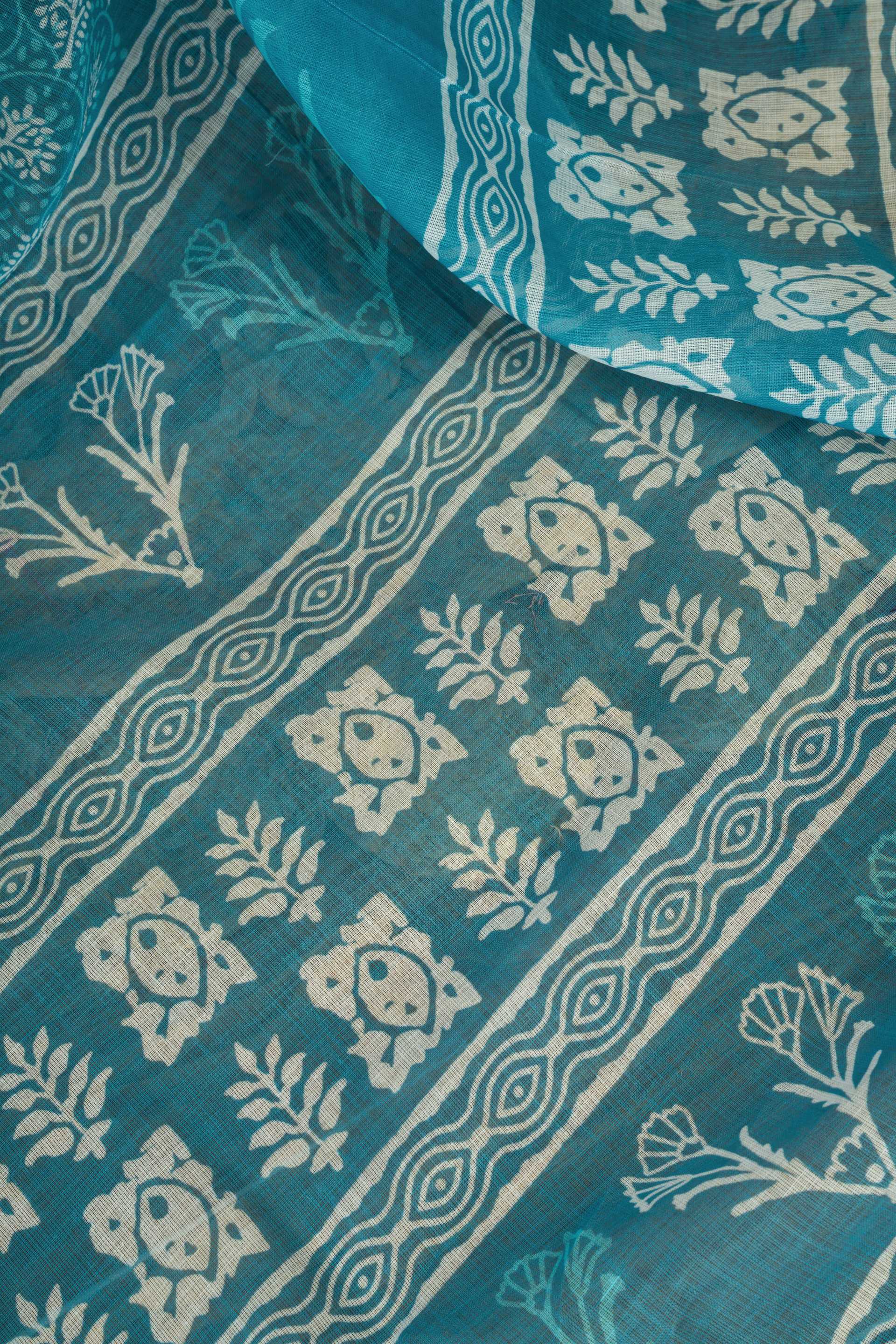 Dwija Fashion Turquoise Blue Party Wear Printed Linen Ready To Wear Saree With Unstitched Blouse