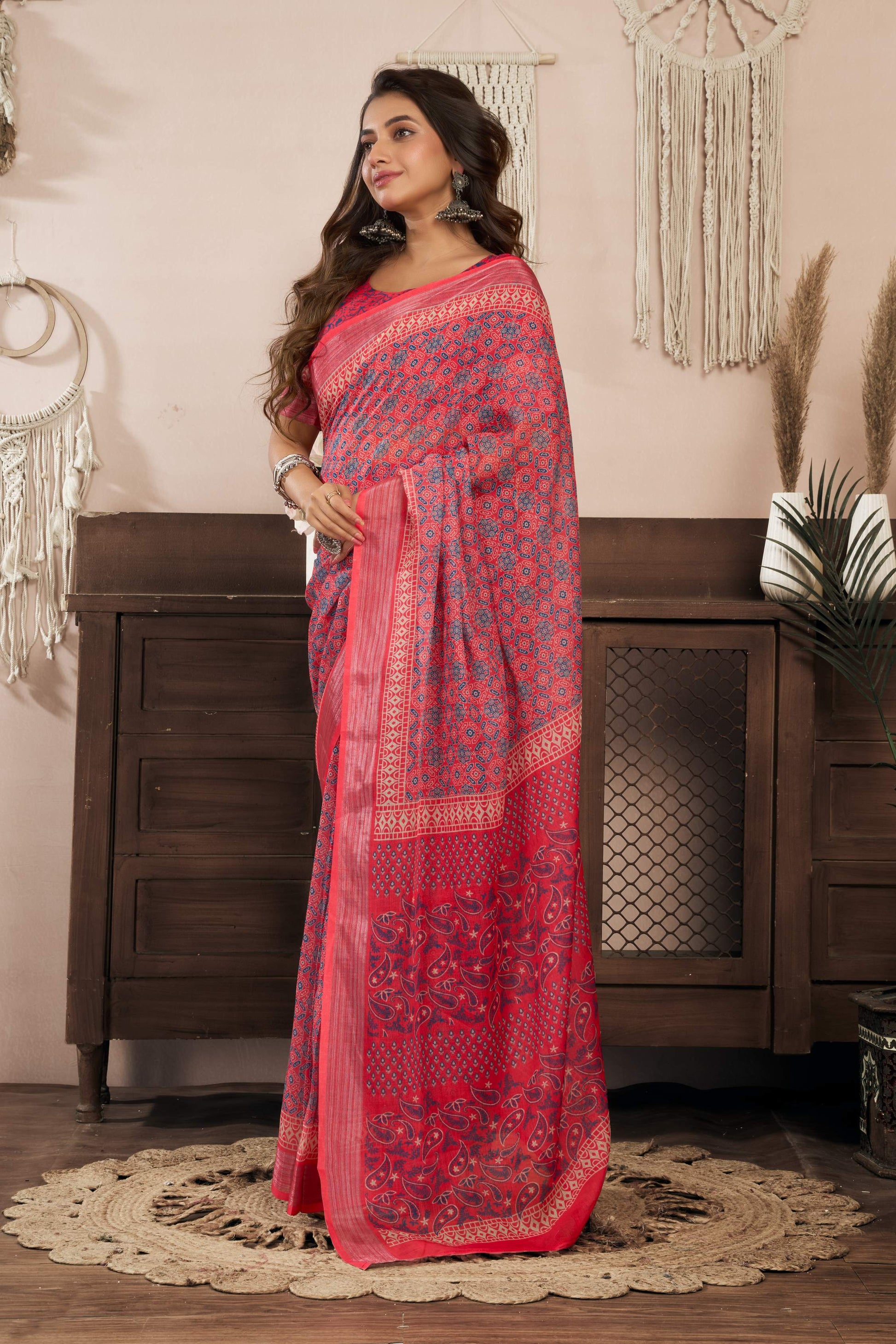 Dwija Fashion Red Party Wear Printed Linen Ready To Wear Saree With Unstitched Blouse