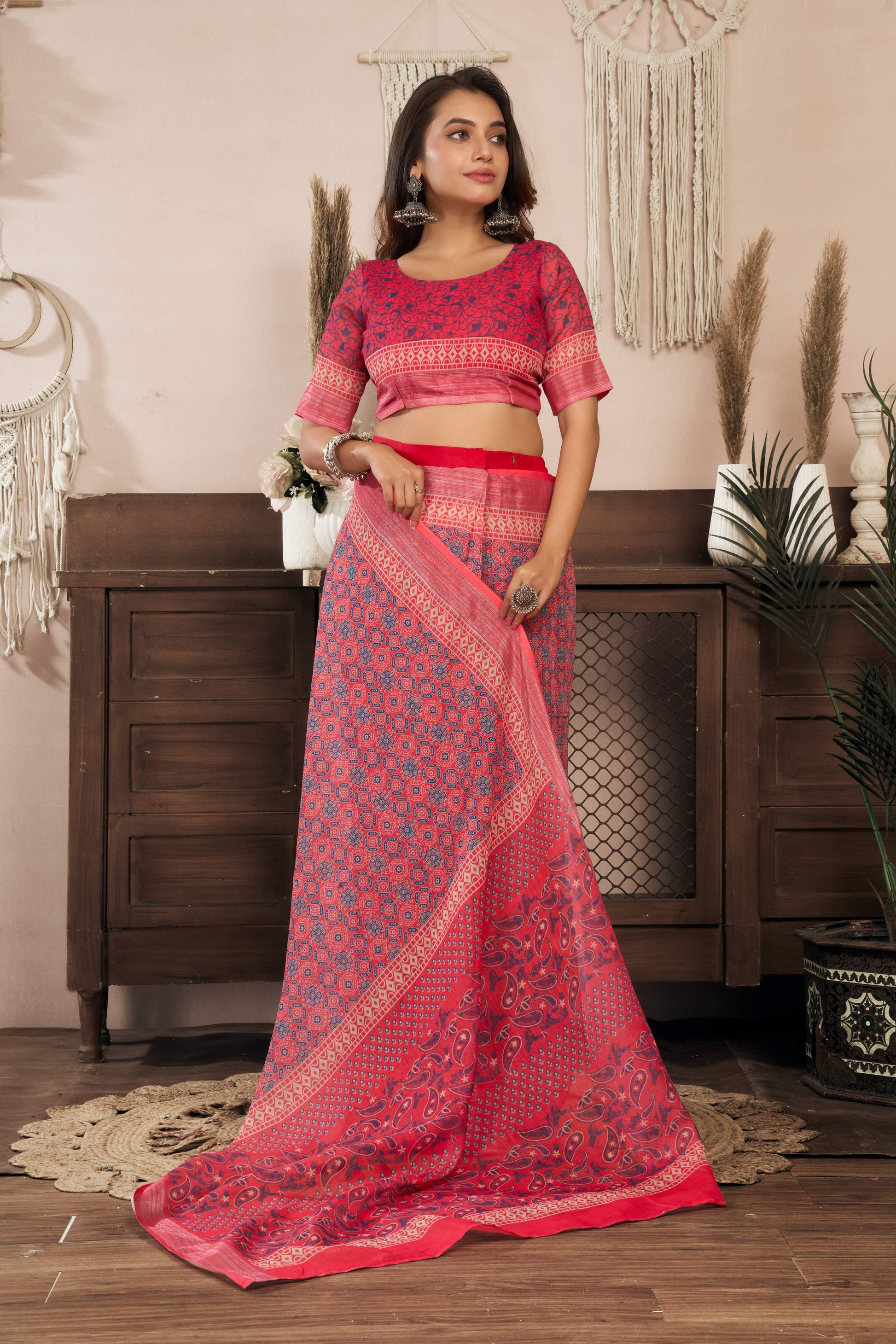 Dwija Fashion Red Party Wear Printed Linen Ready To Wear Saree With Unstitched Blouse