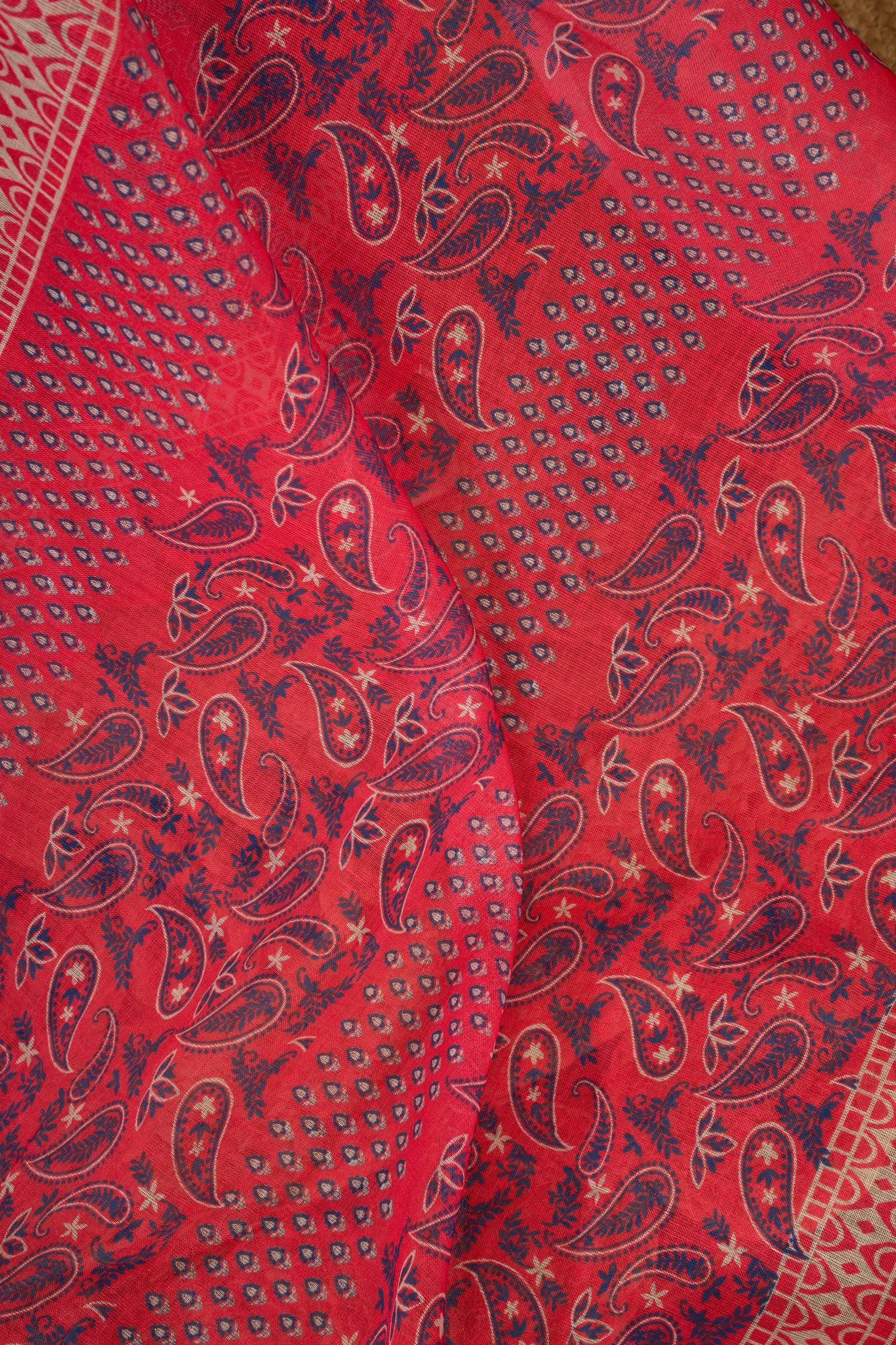 Dwija Fashion Red Party Wear Printed Linen Ready To Wear Saree With Unstitched Blouse