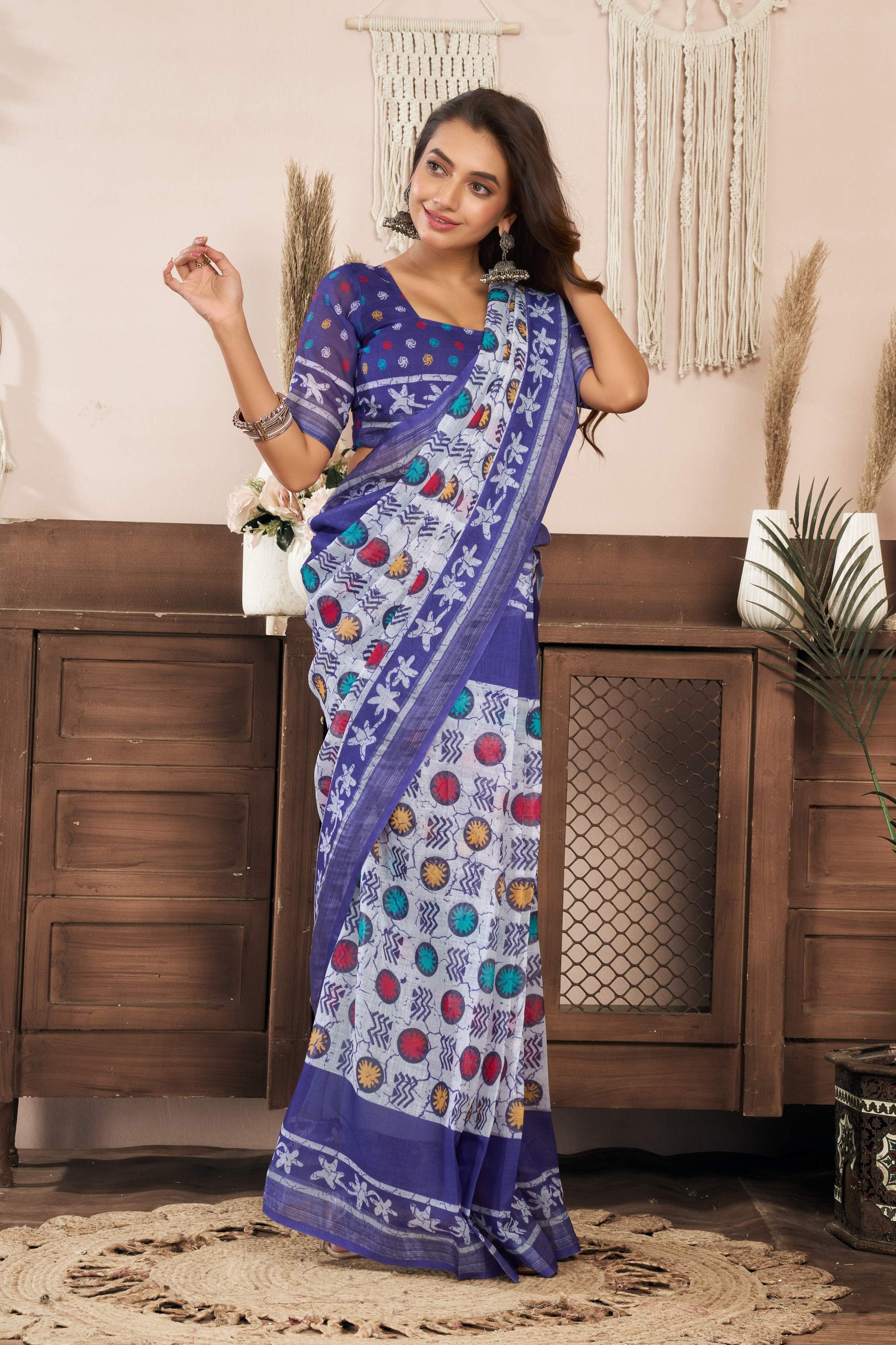 Dwija Fashion Blue Party Wear Printed Linen Ready To Wear Saree With Unstitched Blouse