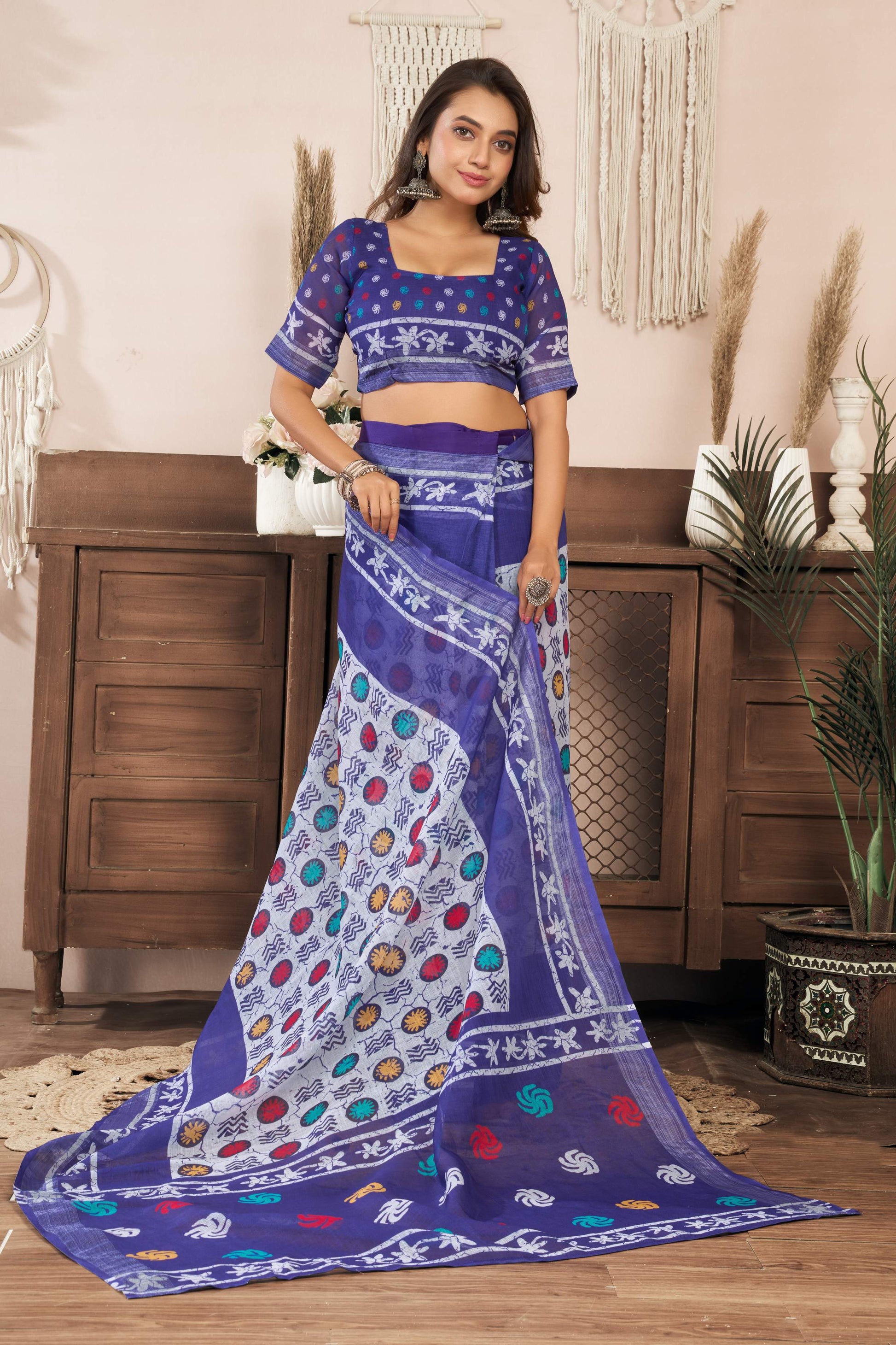 Dwija Fashion Blue Party Wear Printed Linen Ready To Wear Saree With Unstitched Blouse