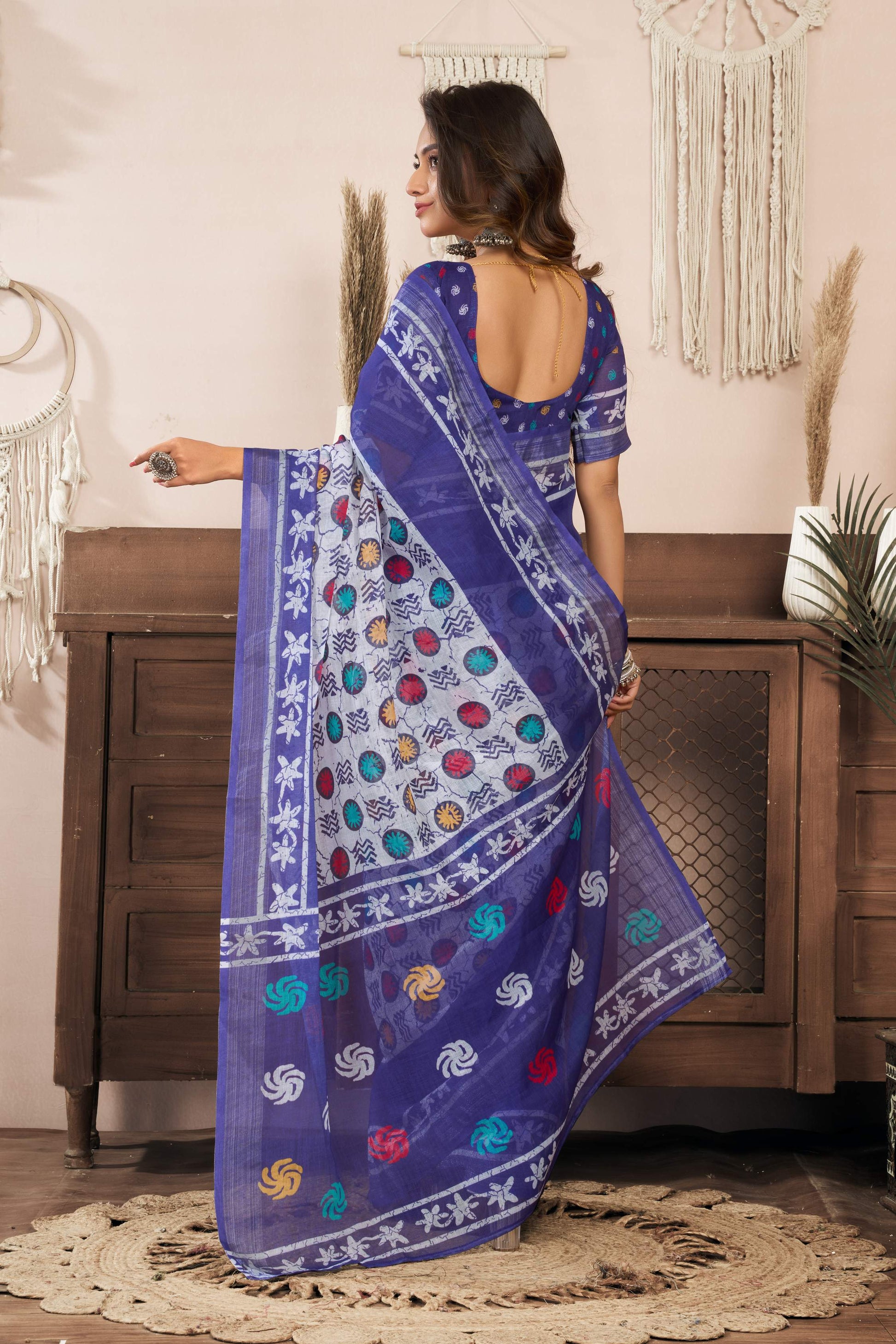 Dwija Fashion Blue Party Wear Printed Linen Ready To Wear Saree With Unstitched Blouse