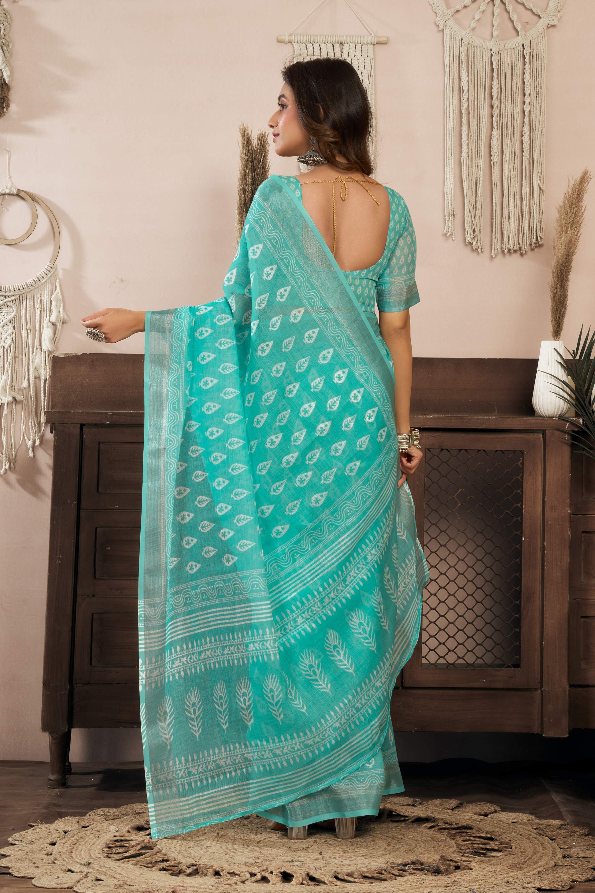 Dwija Fashion Turquoise Blue Party Wear Printed Linen Ready To Wear Saree With Unstitched Blouse