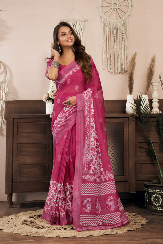 Dwija Fashion Pink Party Wear Printed Linen Ready To Wear Saree With Unstitched Blouse