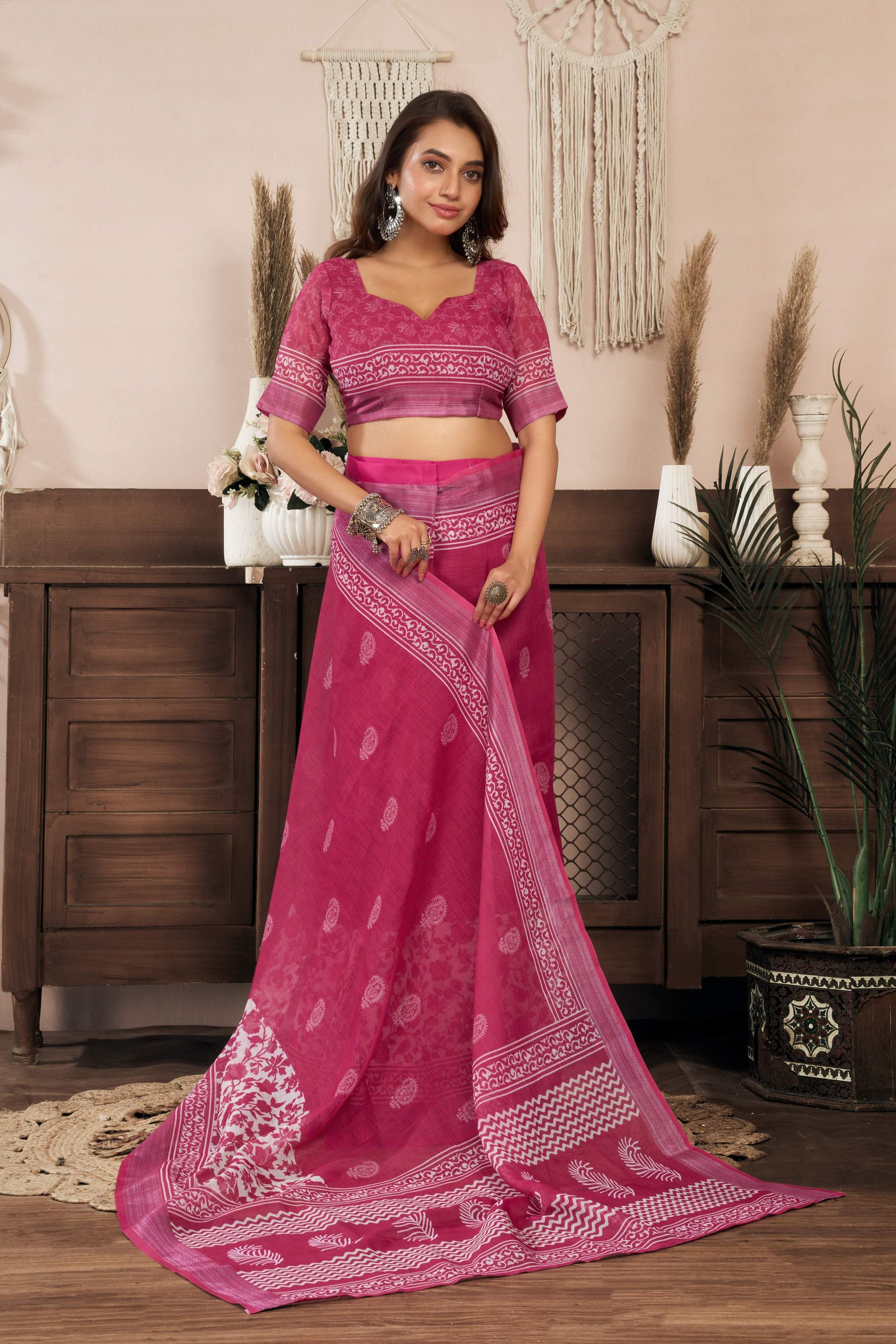 Dwija Fashion Pink Party Wear Printed Linen Ready To Wear Saree With Unstitched Blouse