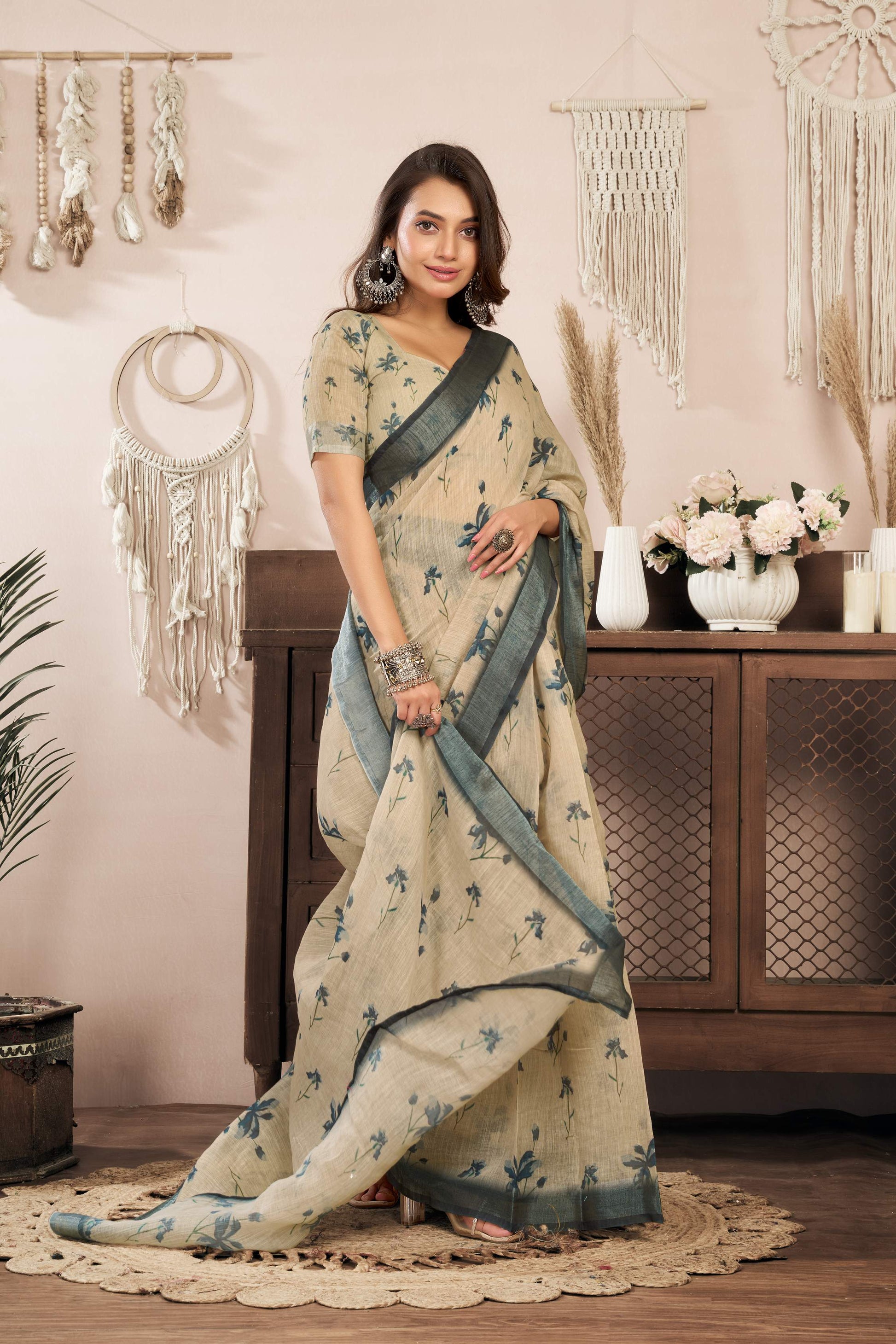 Dwija Fashion Off - White Party Wear Printed Linen Ready To Wear Saree With Unstitched Blouse