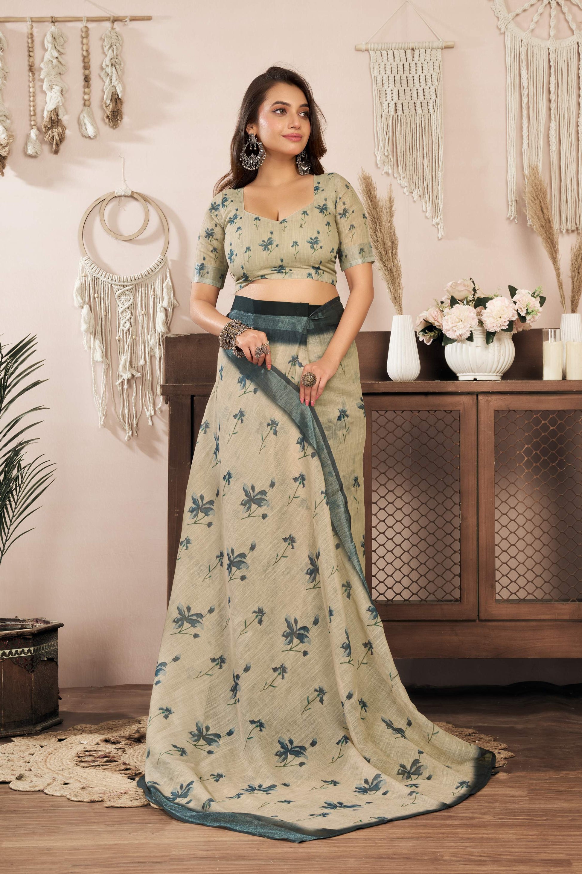 Dwija Fashion Off - White Party Wear Printed Linen Ready To Wear Saree With Unstitched Blouse