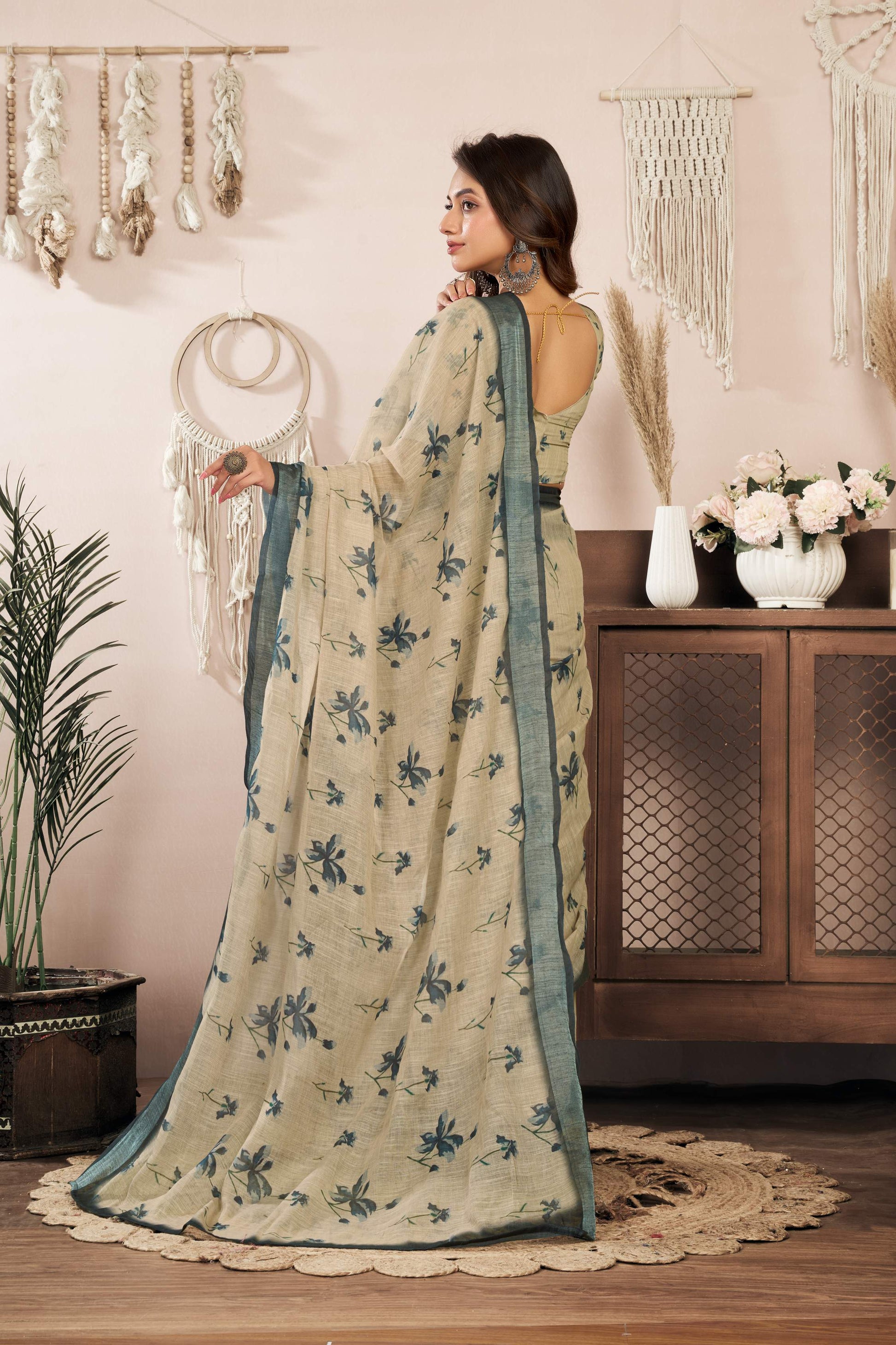 Dwija Fashion Off - White Party Wear Printed Linen Ready To Wear Saree With Unstitched Blouse