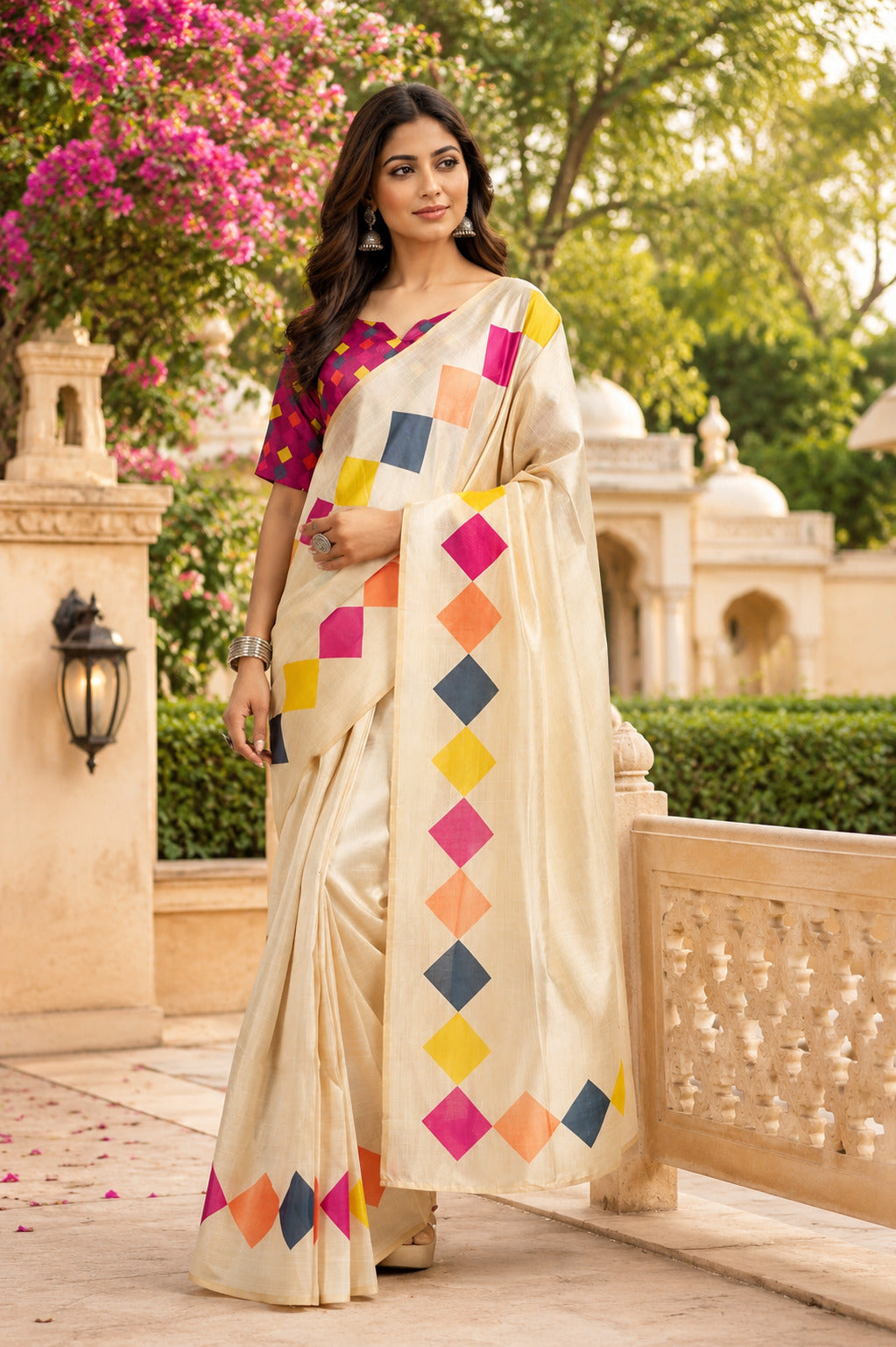 Dwija Fashion White Party Wear Printed Linen Ready To Wear Saree With Unstitched Blouse