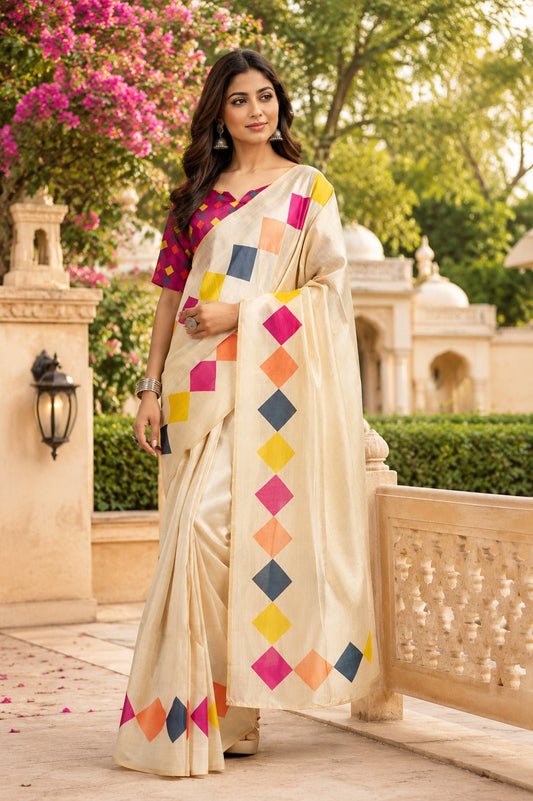 Dwija Fashion White Party Wear Printed Linen Ready To Wear Saree With Unstitched Blouse