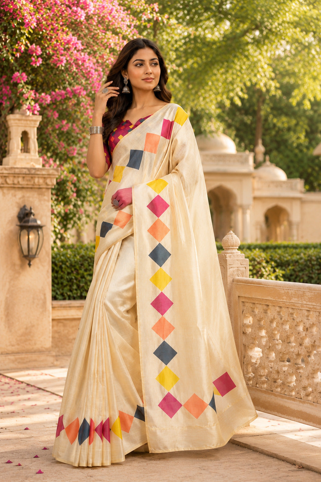 Dwija Fashion White Party Wear Printed Linen Ready To Wear Saree With Unstitched Blouse