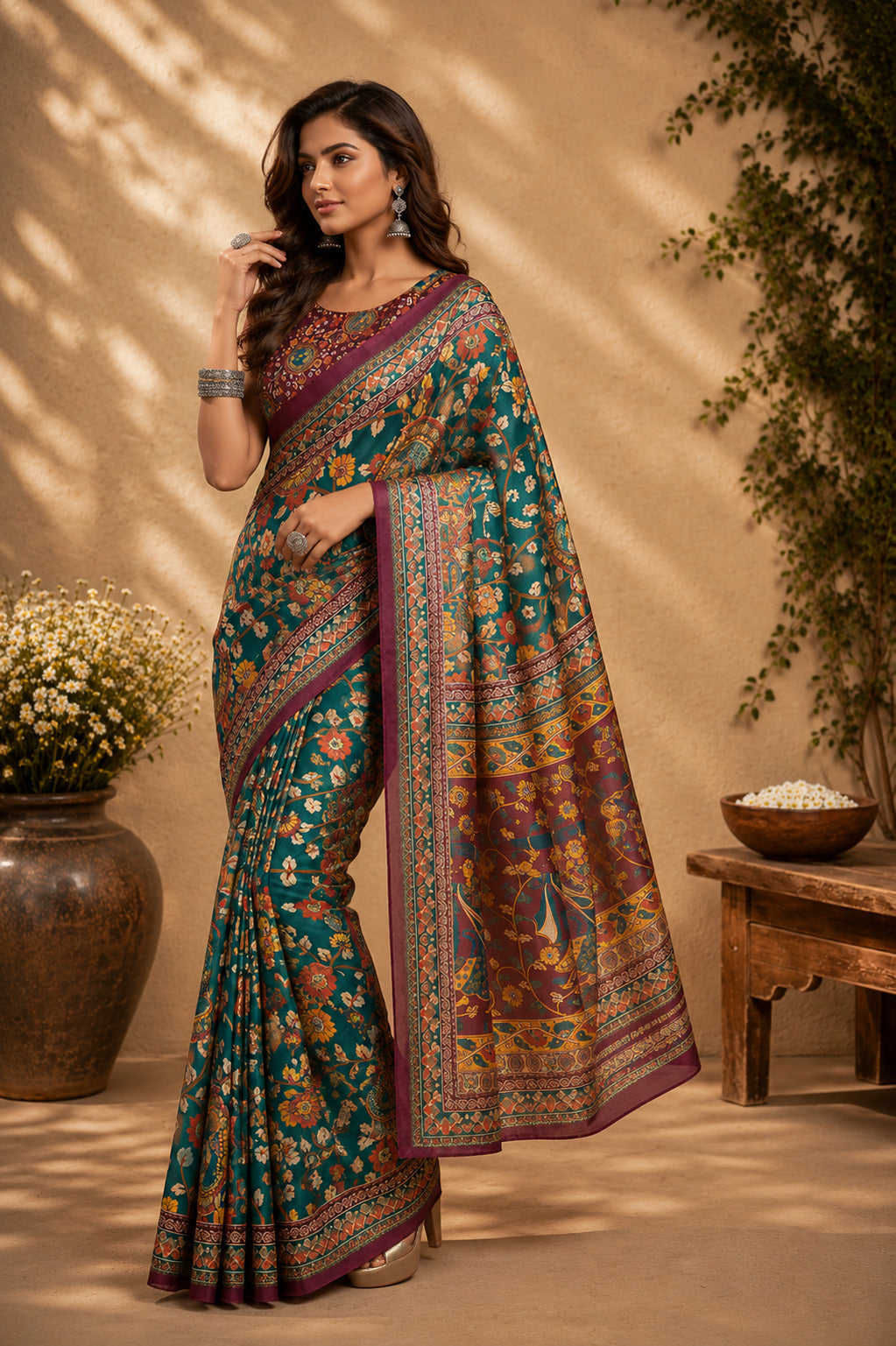 Dwija Fashion Green Party Wear Printed Linen Ready To Wear Saree With Unstitched Blouse