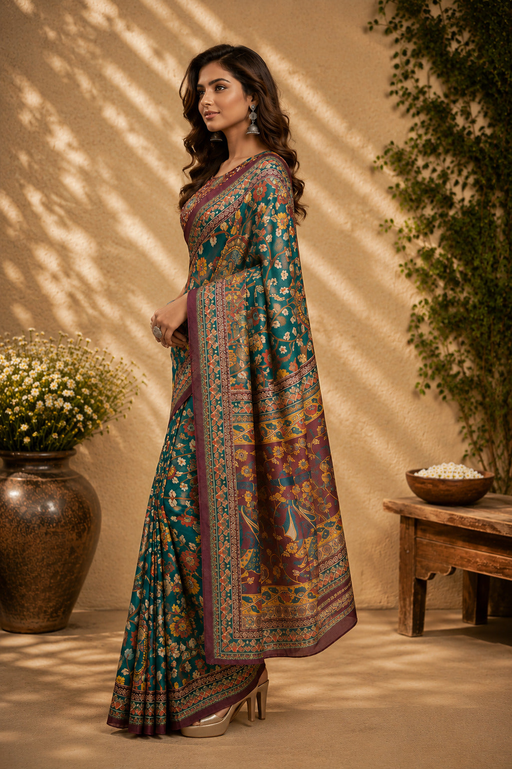 Dwija Fashion Green Party Wear Printed Linen Ready To Wear Saree With Unstitched Blouse