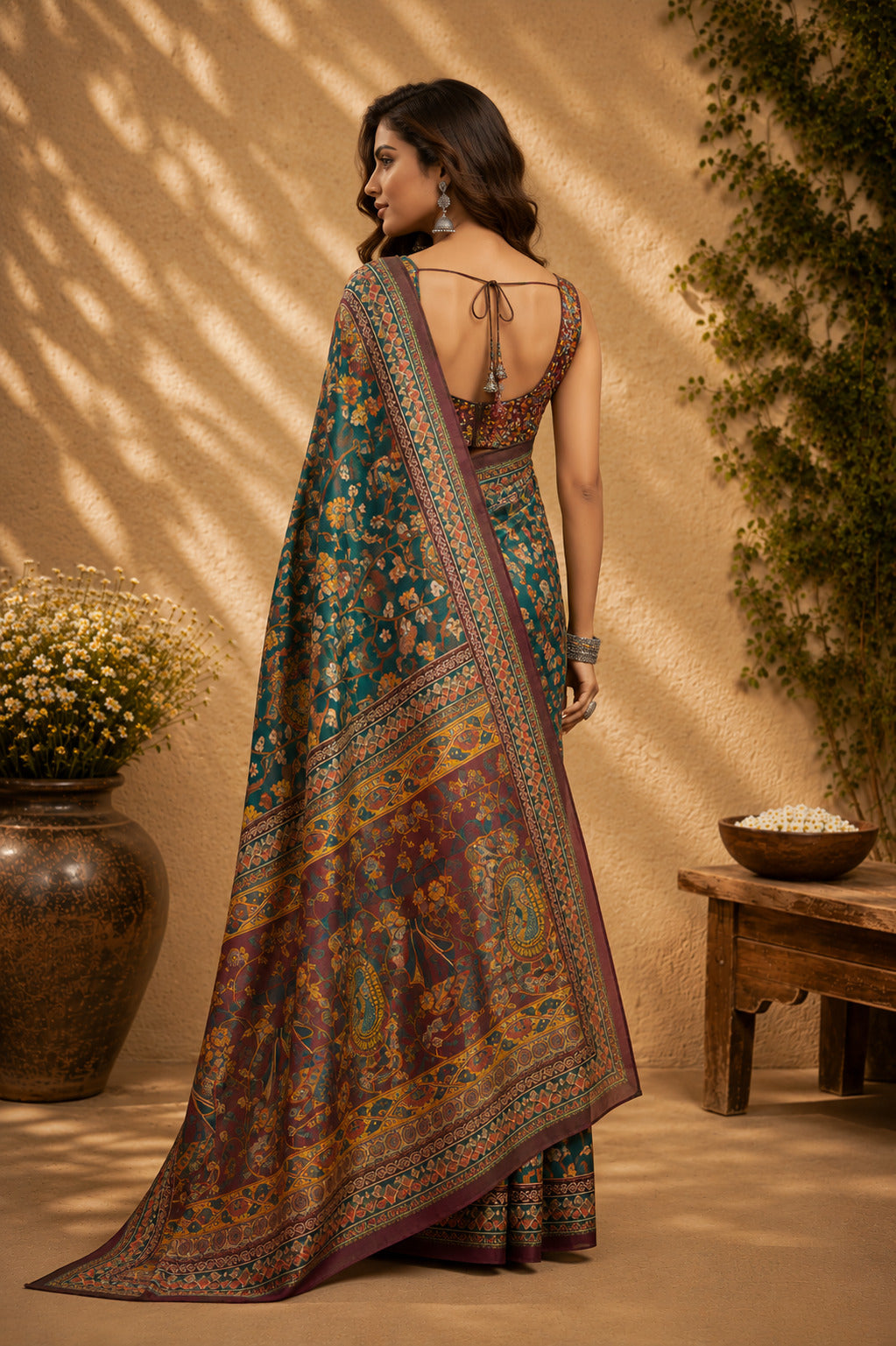 Dwija Fashion Green Party Wear Printed Linen Ready To Wear Saree With Unstitched Blouse
