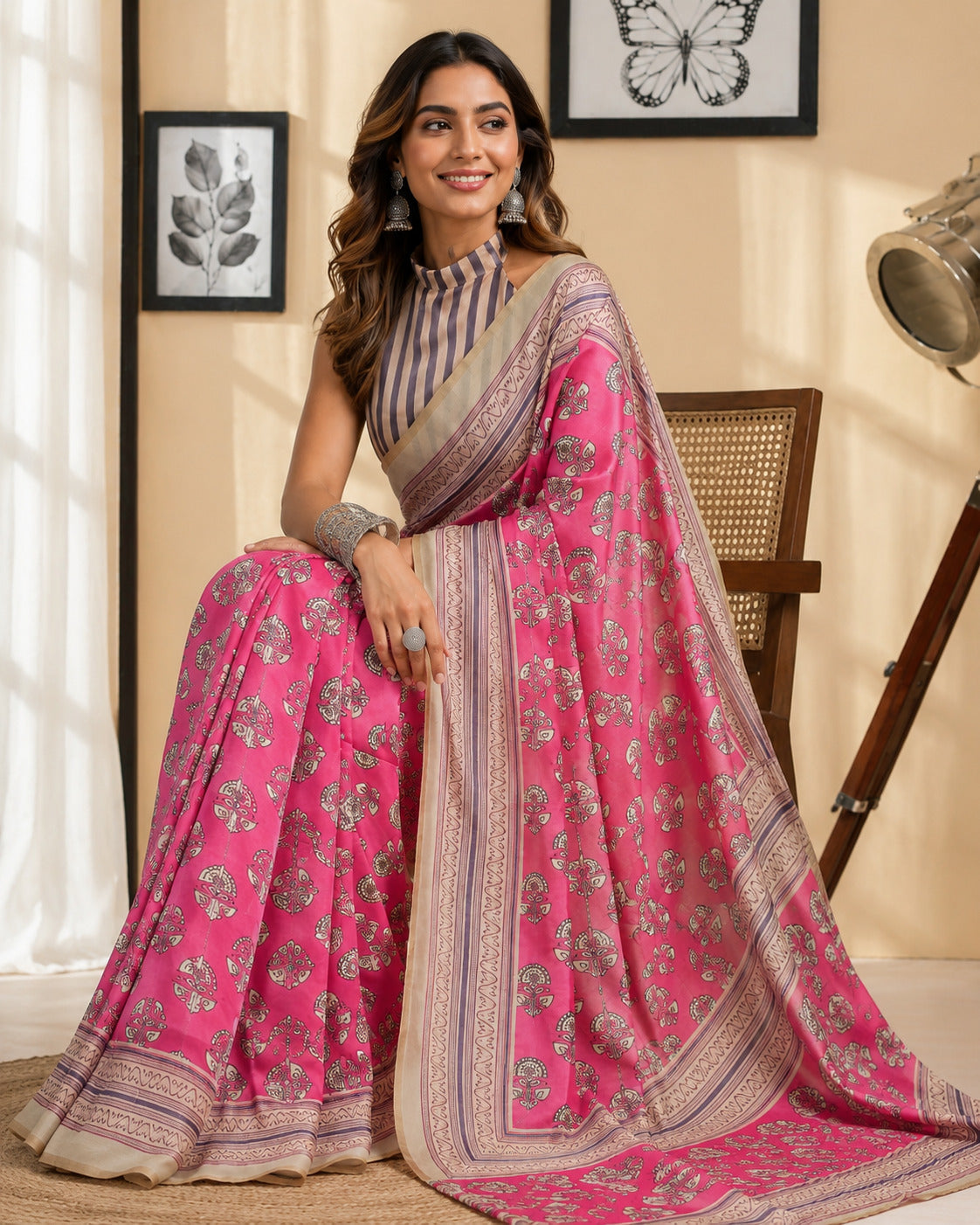 Dwija Fashion Pink Party Wear Printed Linen Ready To Wear Saree With Unstitched Blouse