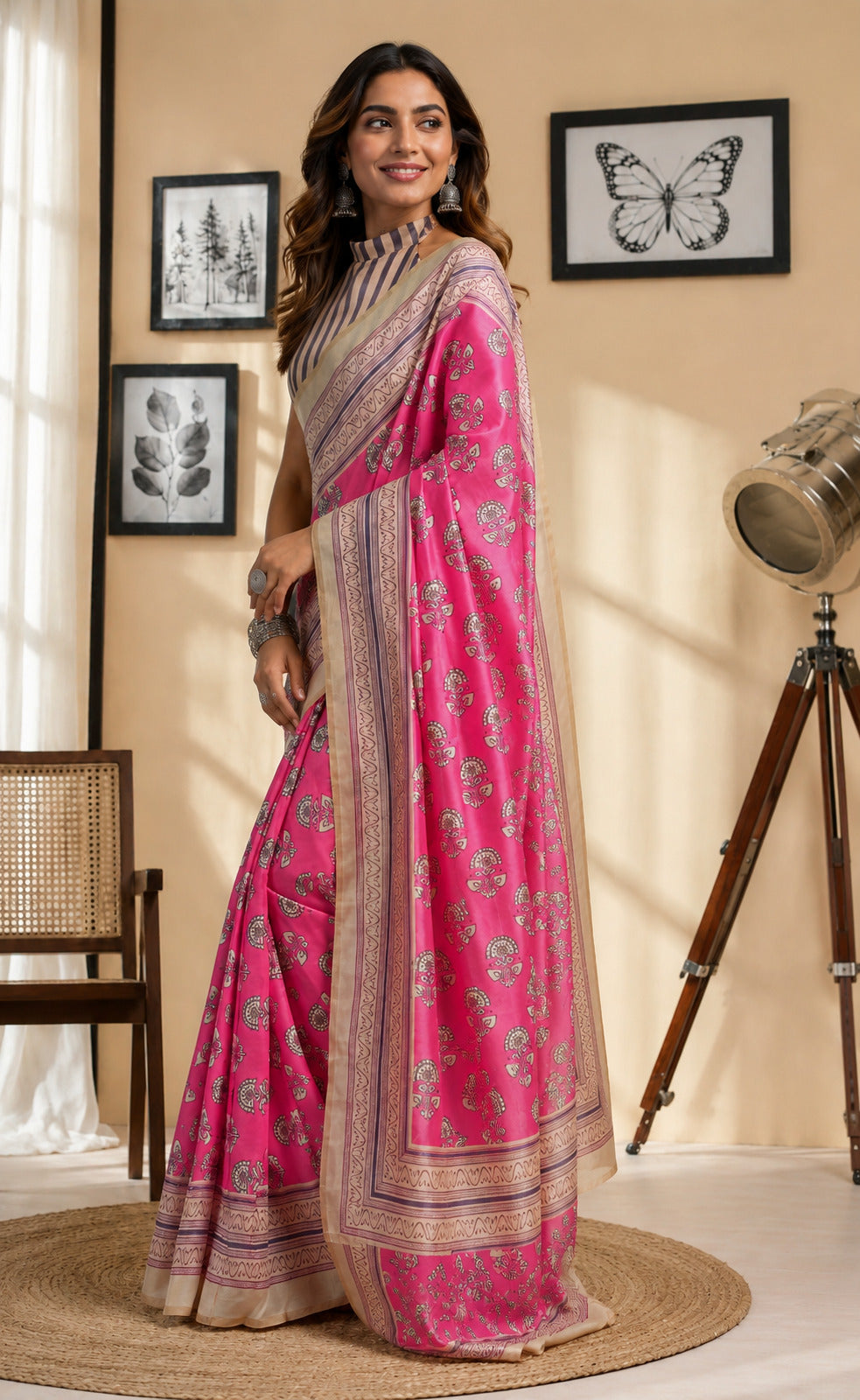 Dwija Fashion Pink Party Wear Printed Linen Ready To Wear Saree With Unstitched Blouse