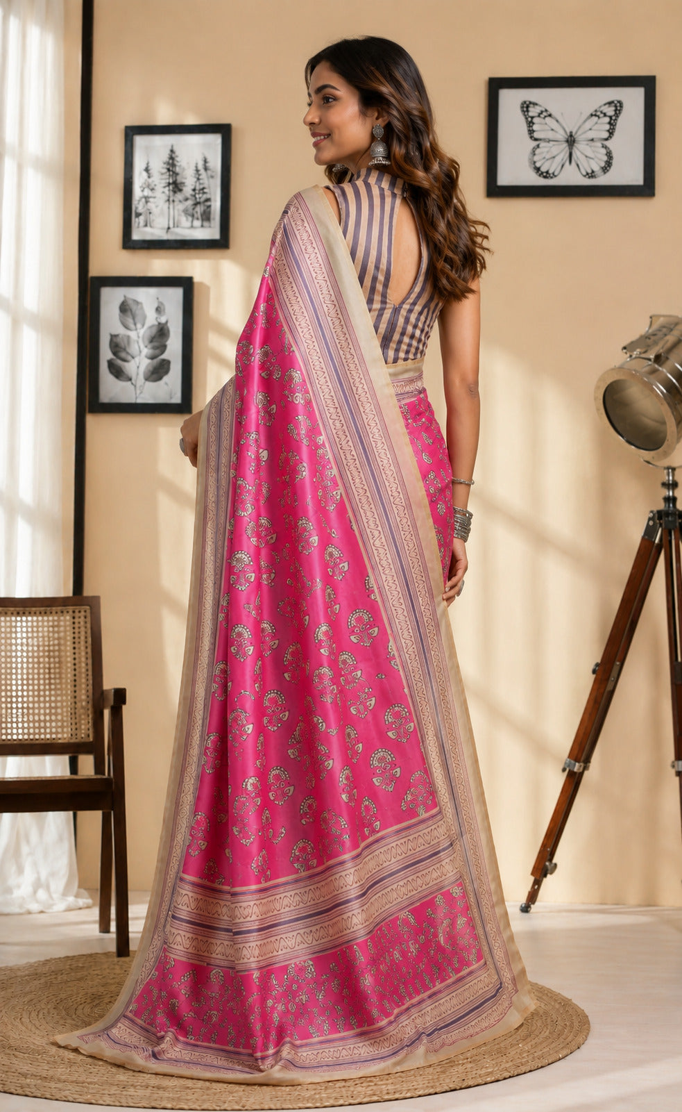 Dwija Fashion Pink Party Wear Printed Linen Ready To Wear Saree With Unstitched Blouse