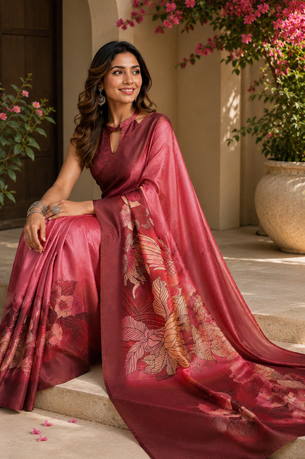 Dwija Fashion Baby pink Party Wear Printed Linen Ready To Wear Saree With Unstitched Blouse