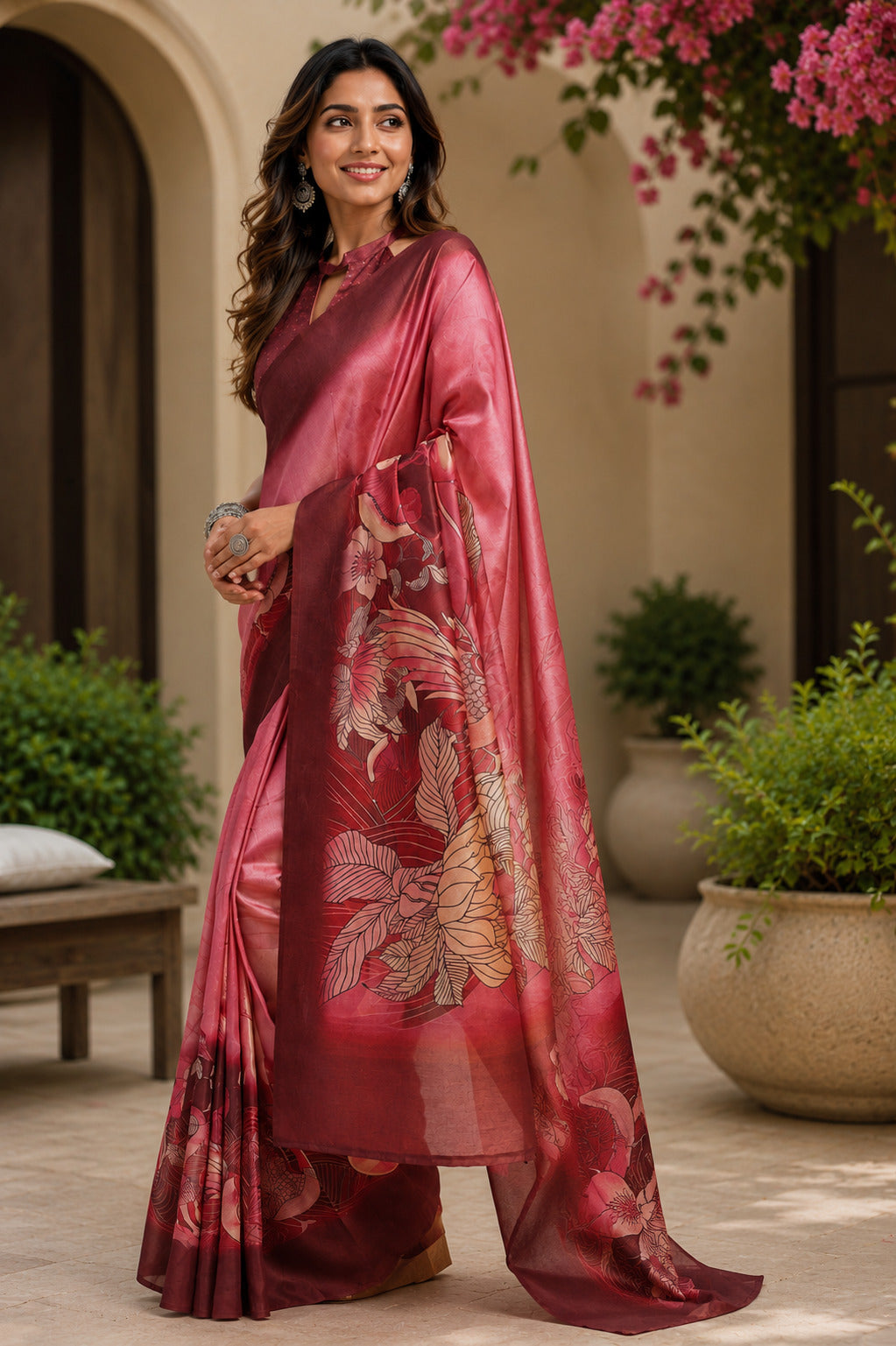 Dwija Fashion Baby pink Party Wear Printed Linen Ready To Wear Saree With Unstitched Blouse