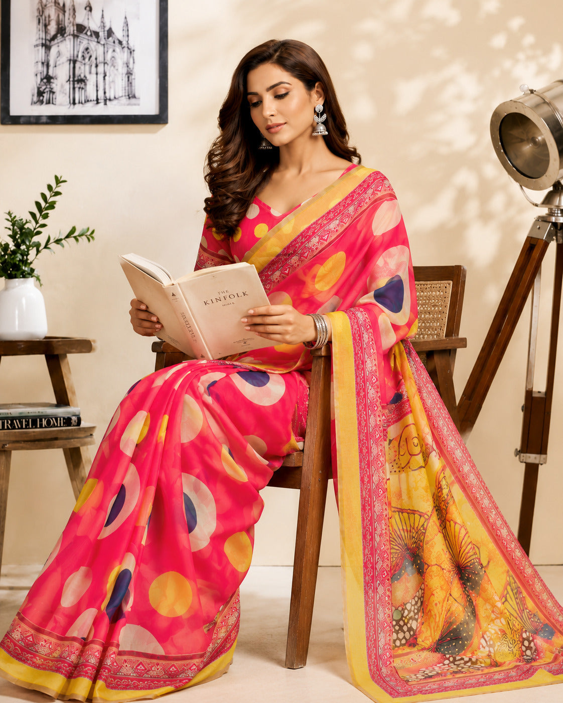 Dwija Fashion Red Party Wear Printed Linen Ready To Wear Saree With Unstitched Blouse