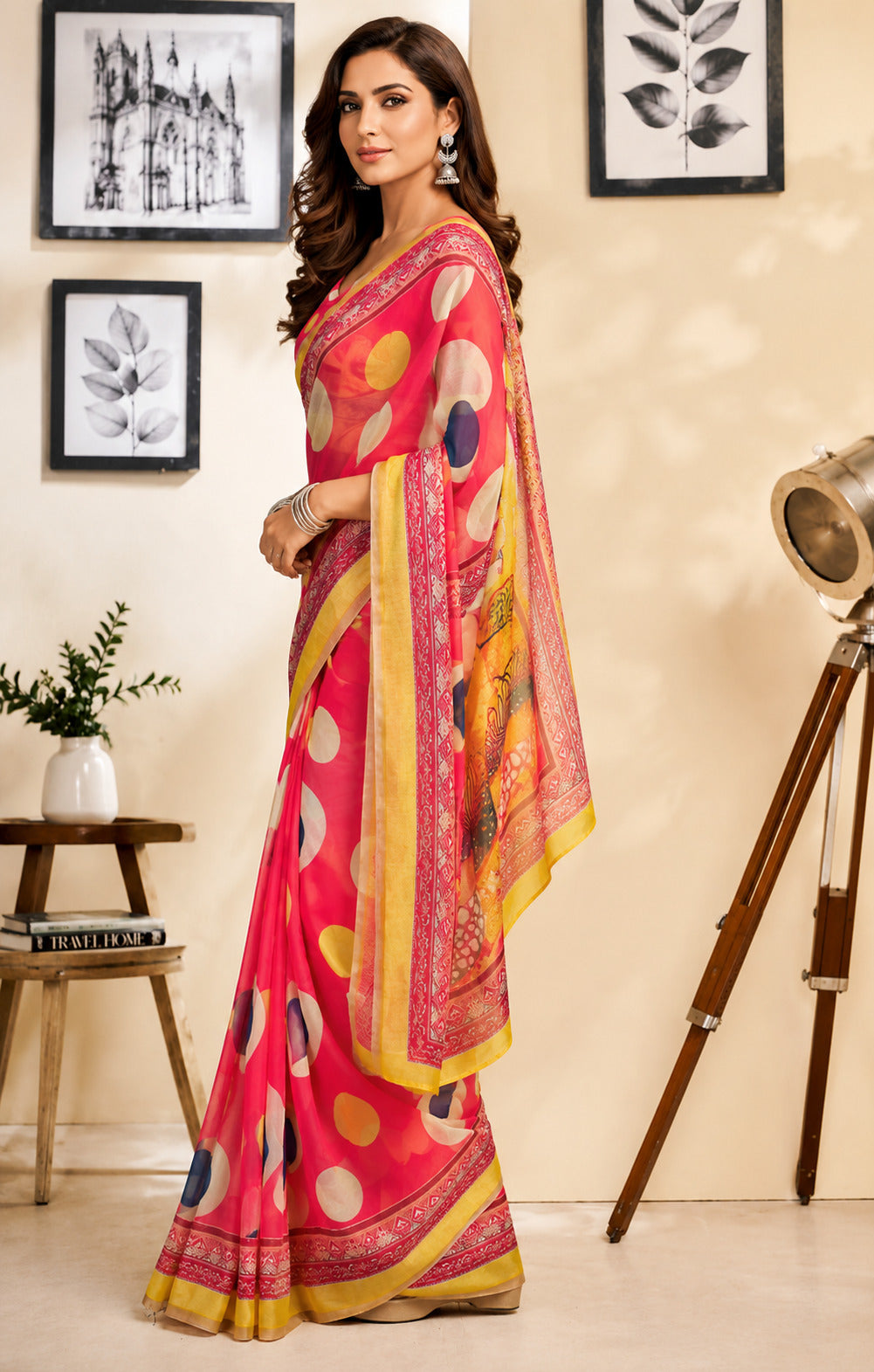 Dwija Fashion Red Party Wear Printed Linen Ready To Wear Saree With Unstitched Blouse