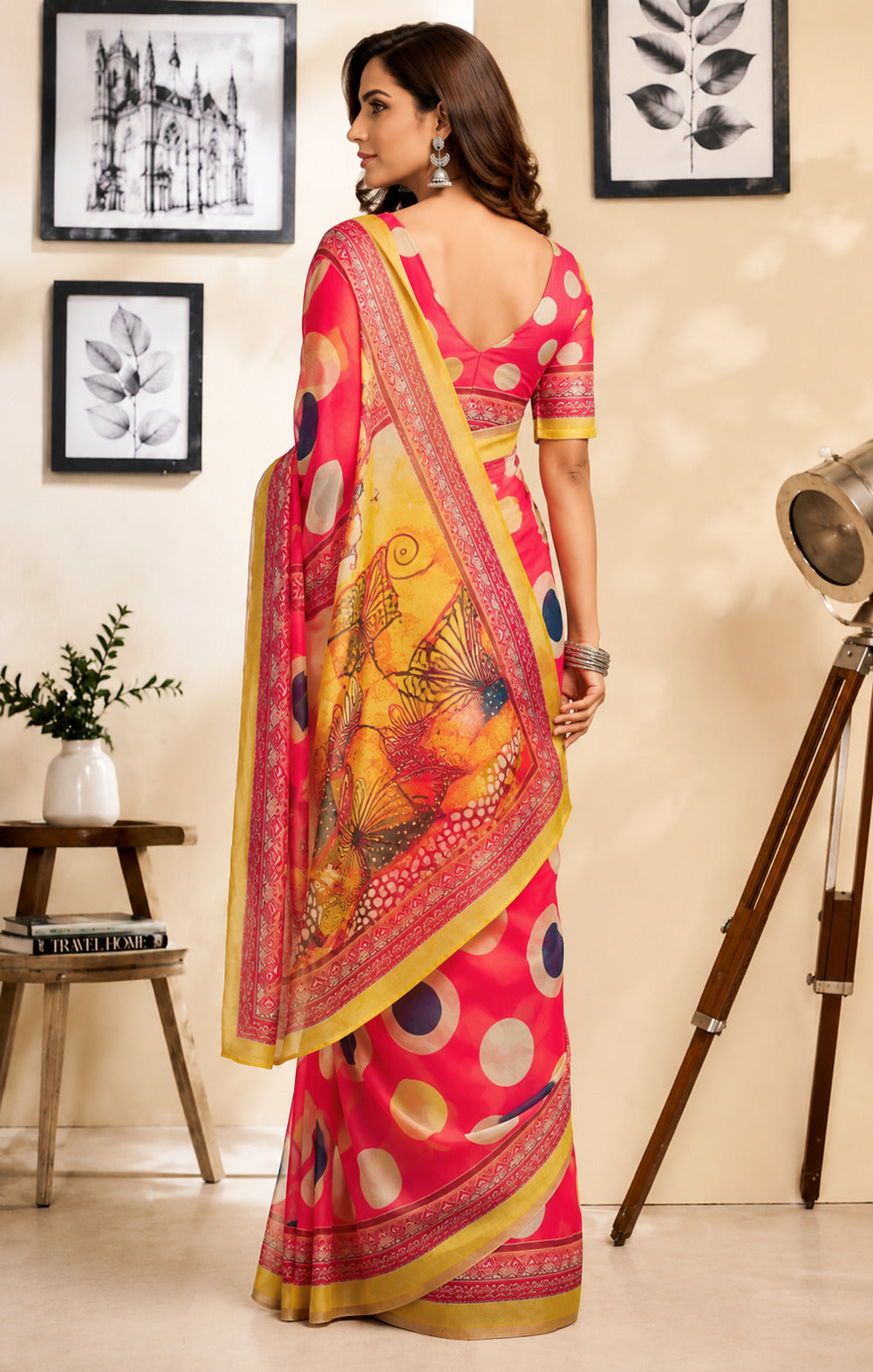 Dwija Fashion Red Party Wear Printed Linen Ready To Wear Saree With Unstitched Blouse
