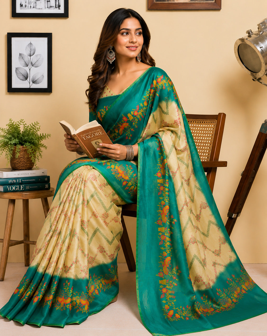 Dwija Fashion Off - White Party Wear Printed Linen Ready To Wear Saree With Unstitched Blouse