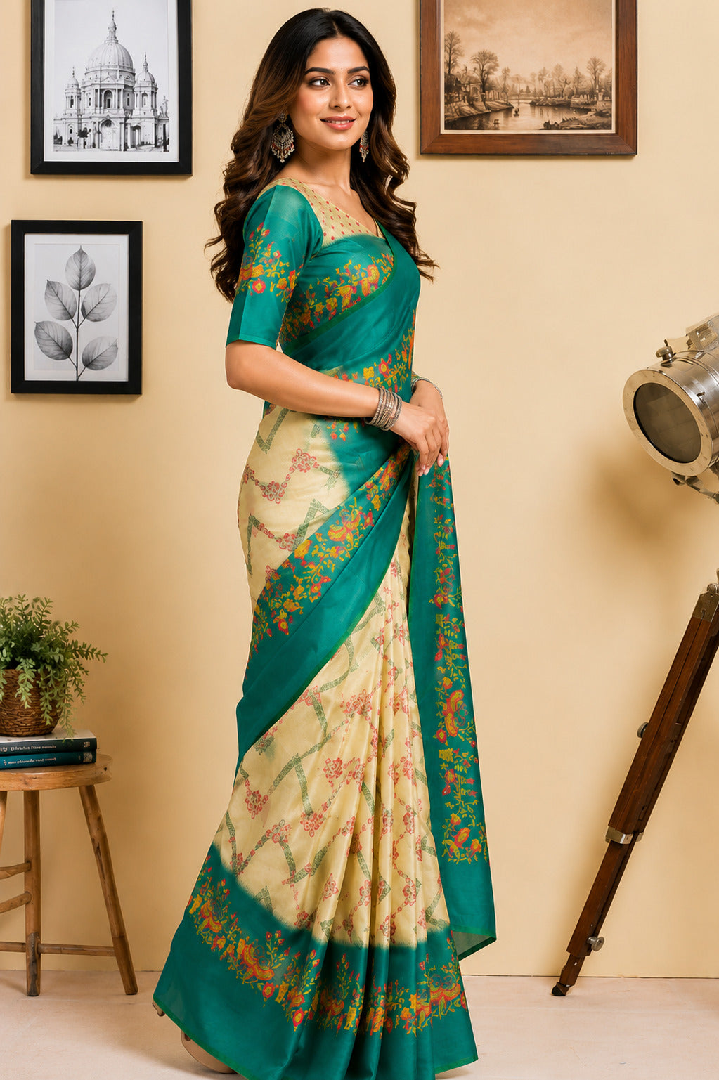 Dwija Fashion Off - White Party Wear Printed Linen Ready To Wear Saree With Unstitched Blouse