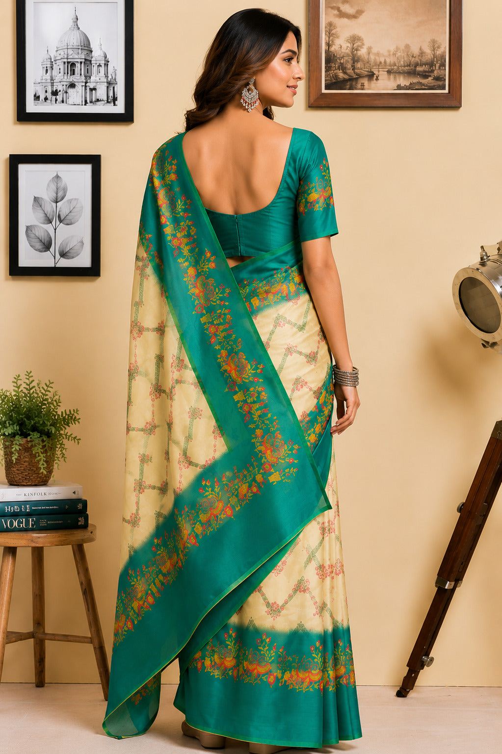 Dwija Fashion Off - White Party Wear Printed Linen Ready To Wear Saree With Unstitched Blouse