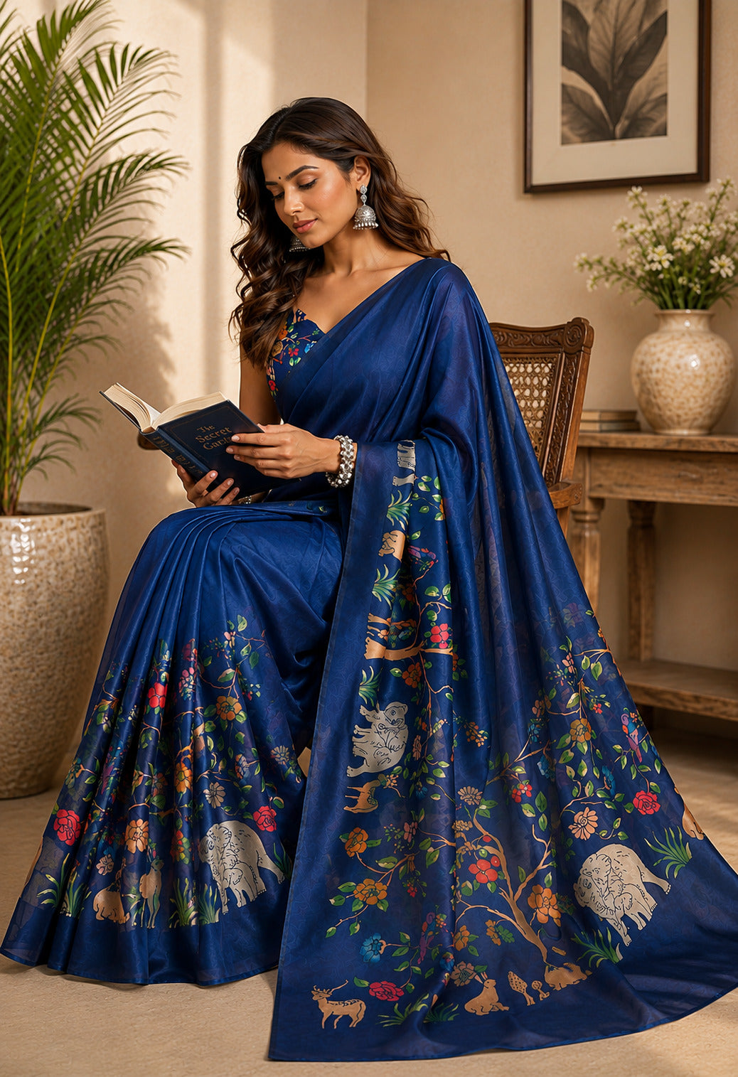 Dwija Fashion Navy Blue Party Wear Printed Linen Ready To Wear Saree With Unstitched Blouse