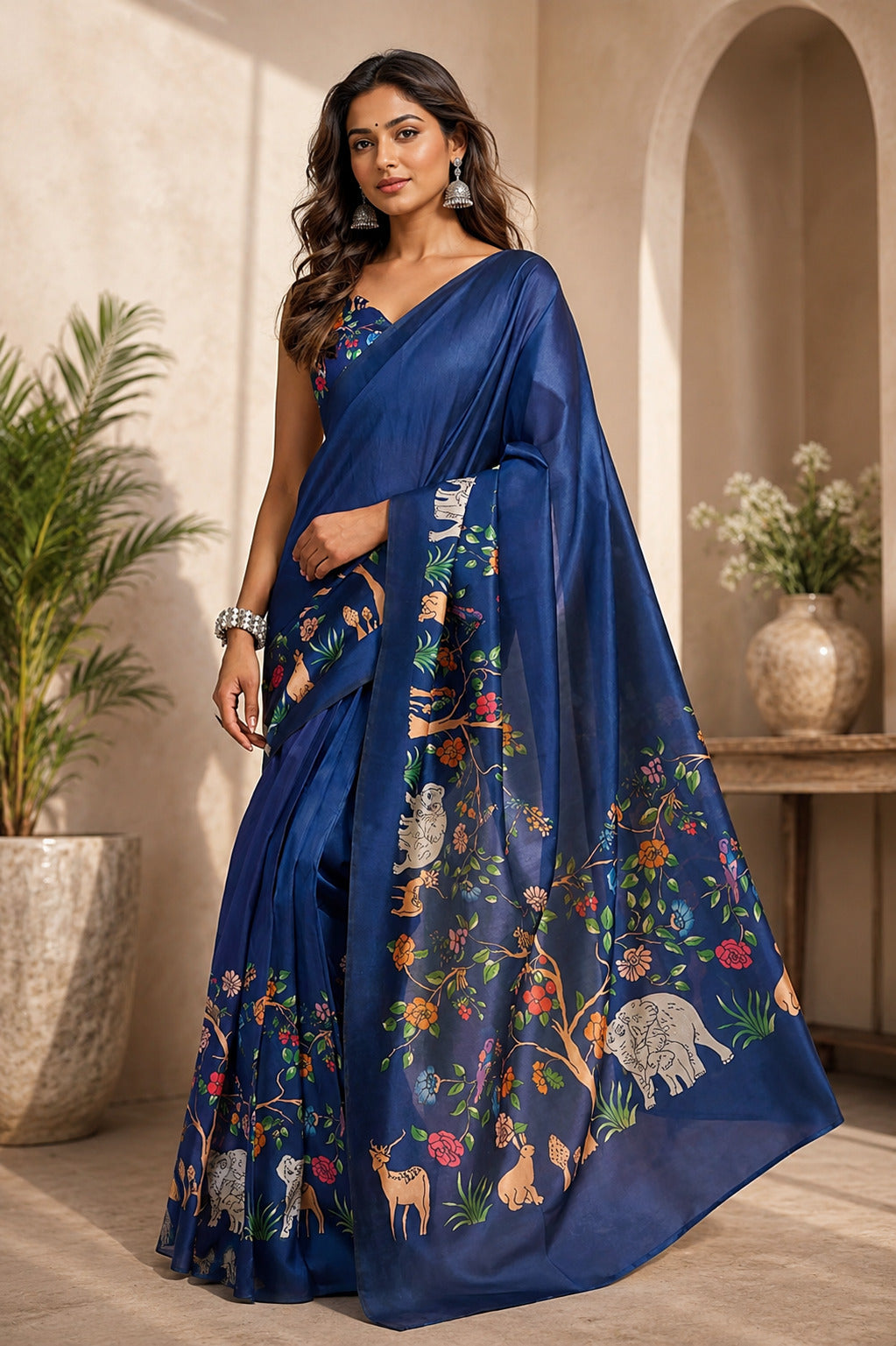 Dwija Fashion Navy Blue Party Wear Printed Linen Ready To Wear Saree With Unstitched Blouse
