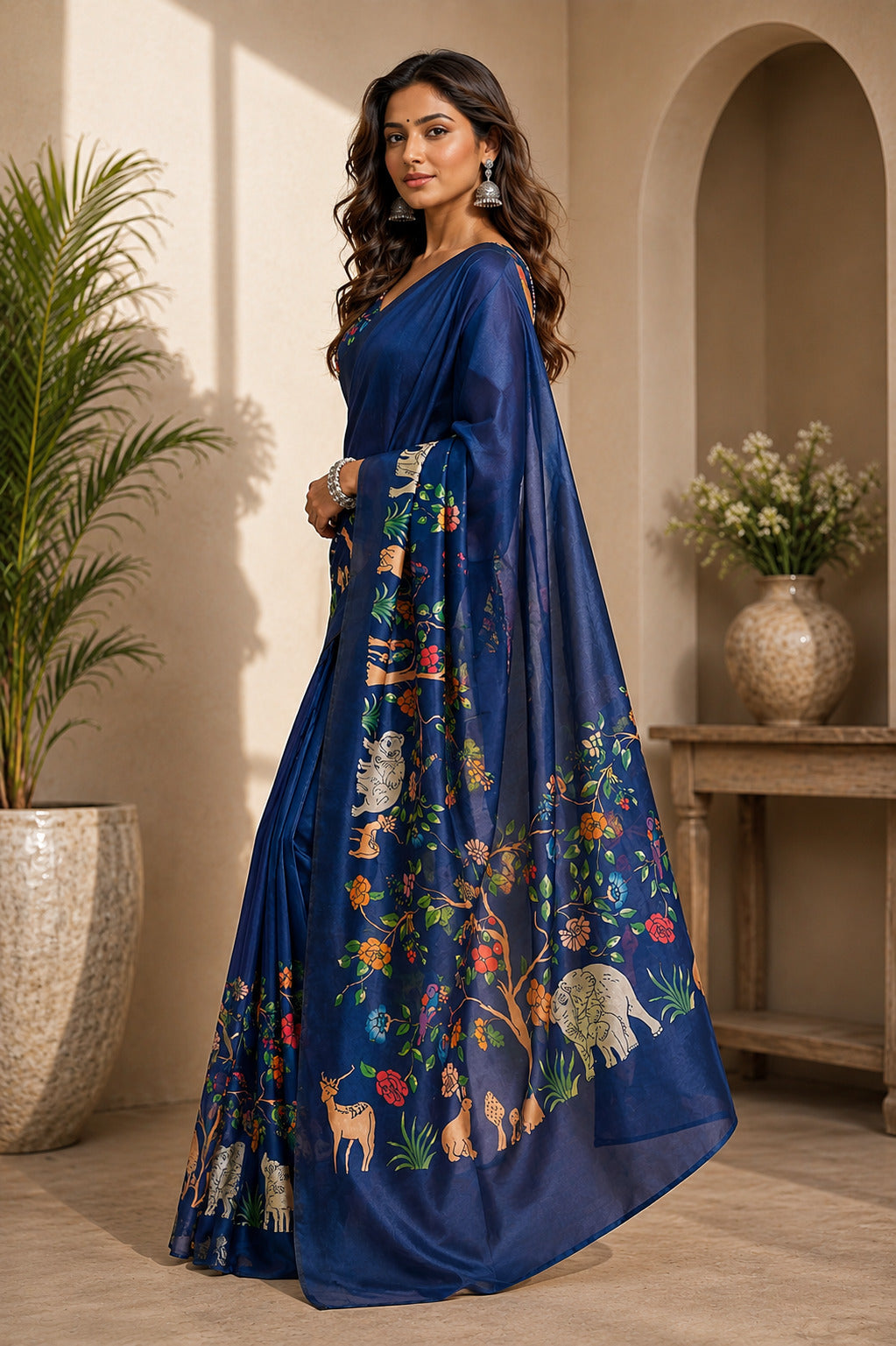 Dwija Fashion Navy Blue Party Wear Printed Linen Ready To Wear Saree With Unstitched Blouse