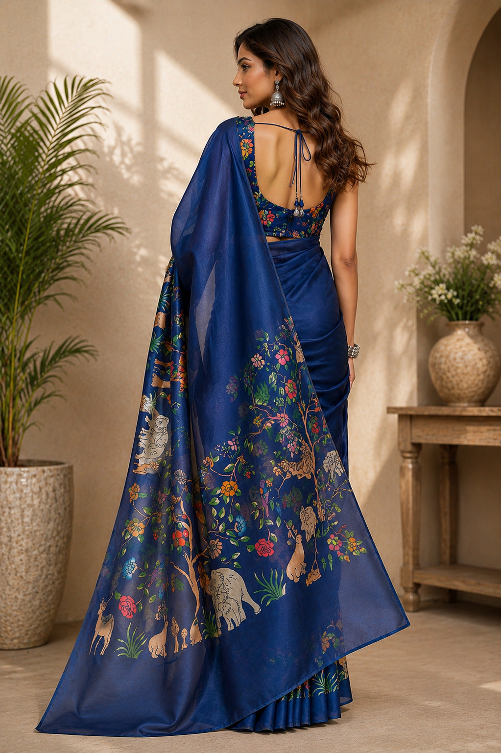 Dwija Fashion Navy Blue Party Wear Printed Linen Ready To Wear Saree With Unstitched Blouse