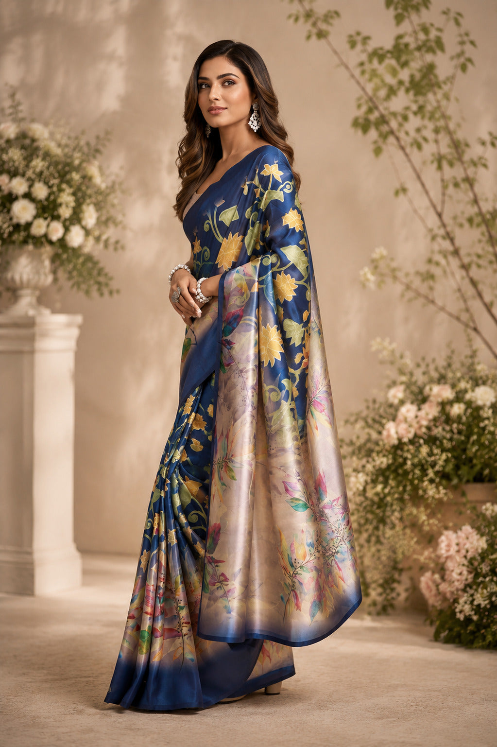 Dwija Fashion Navy Blue Party Wear Printed Linen Ready To Wear Saree With Unstitched Blouse