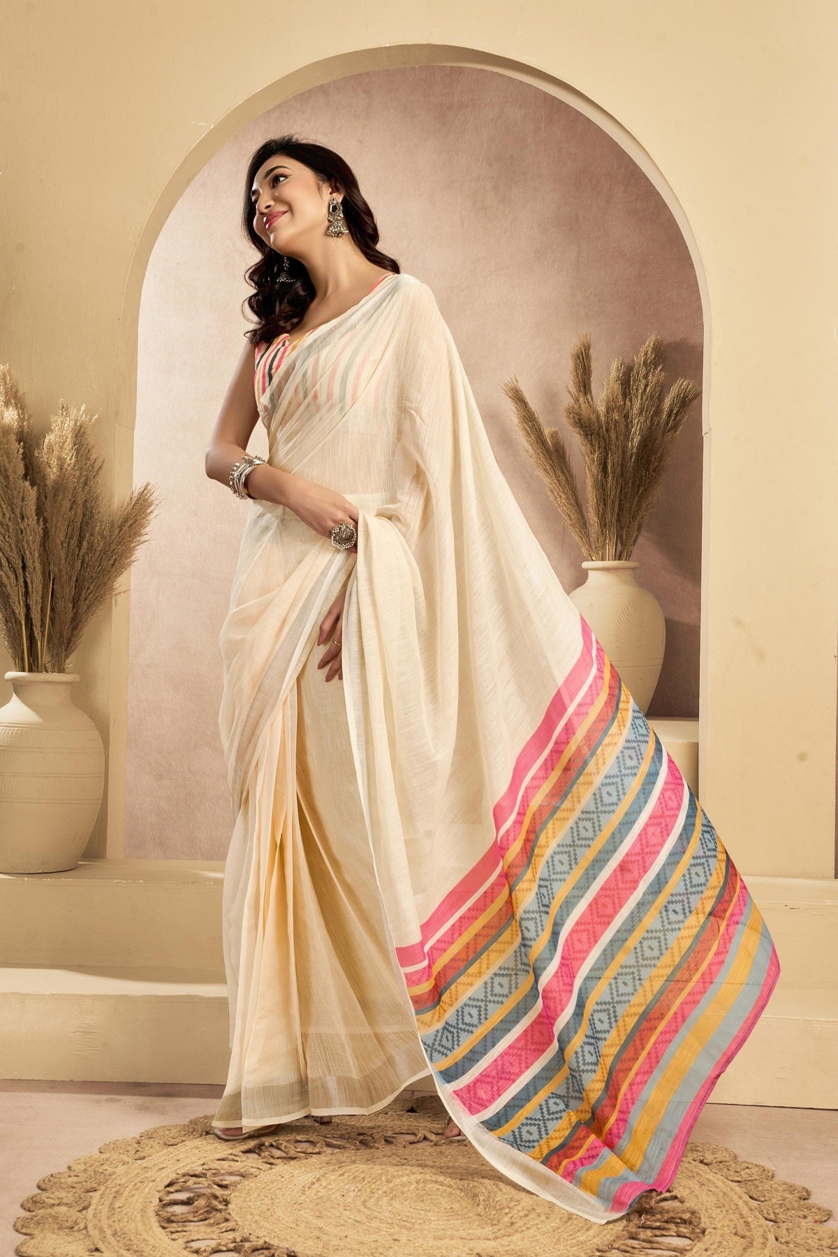 Dwija Fashion Off - White Party Wear Printed Linen Ready To Wear Saree With Unstitched Blouse