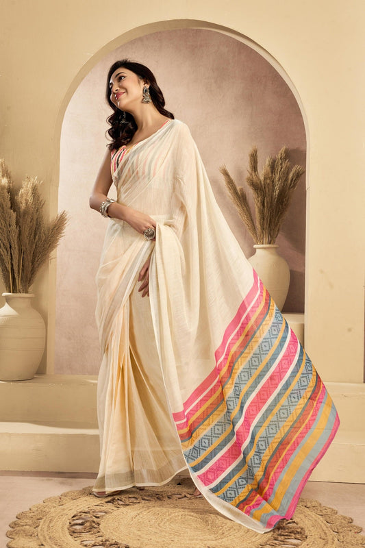 Dwija Fashion Off - White Party Wear Printed Linen Ready To Wear Saree With Unstitched Blouse