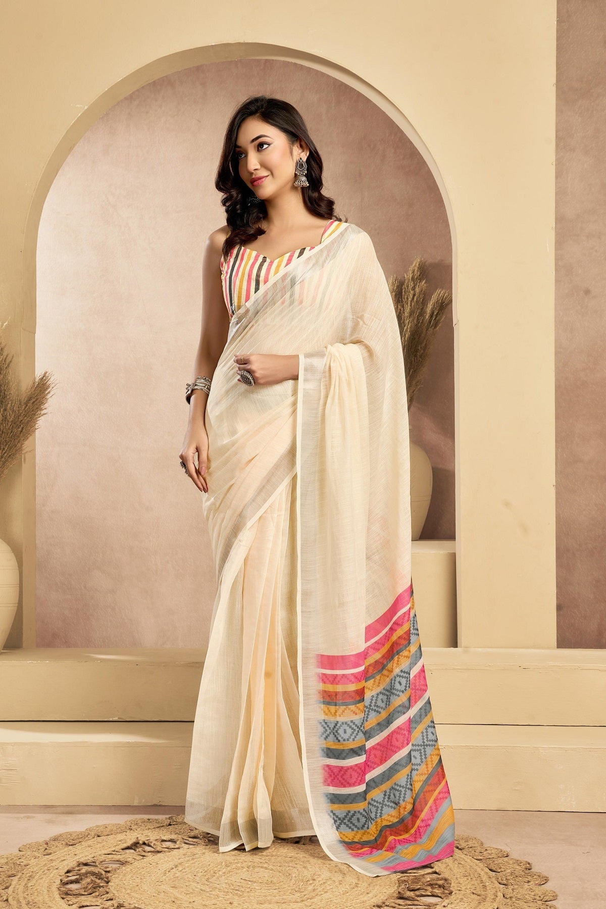 Dwija Fashion Off - White Party Wear Printed Linen Ready To Wear Saree With Unstitched Blouse