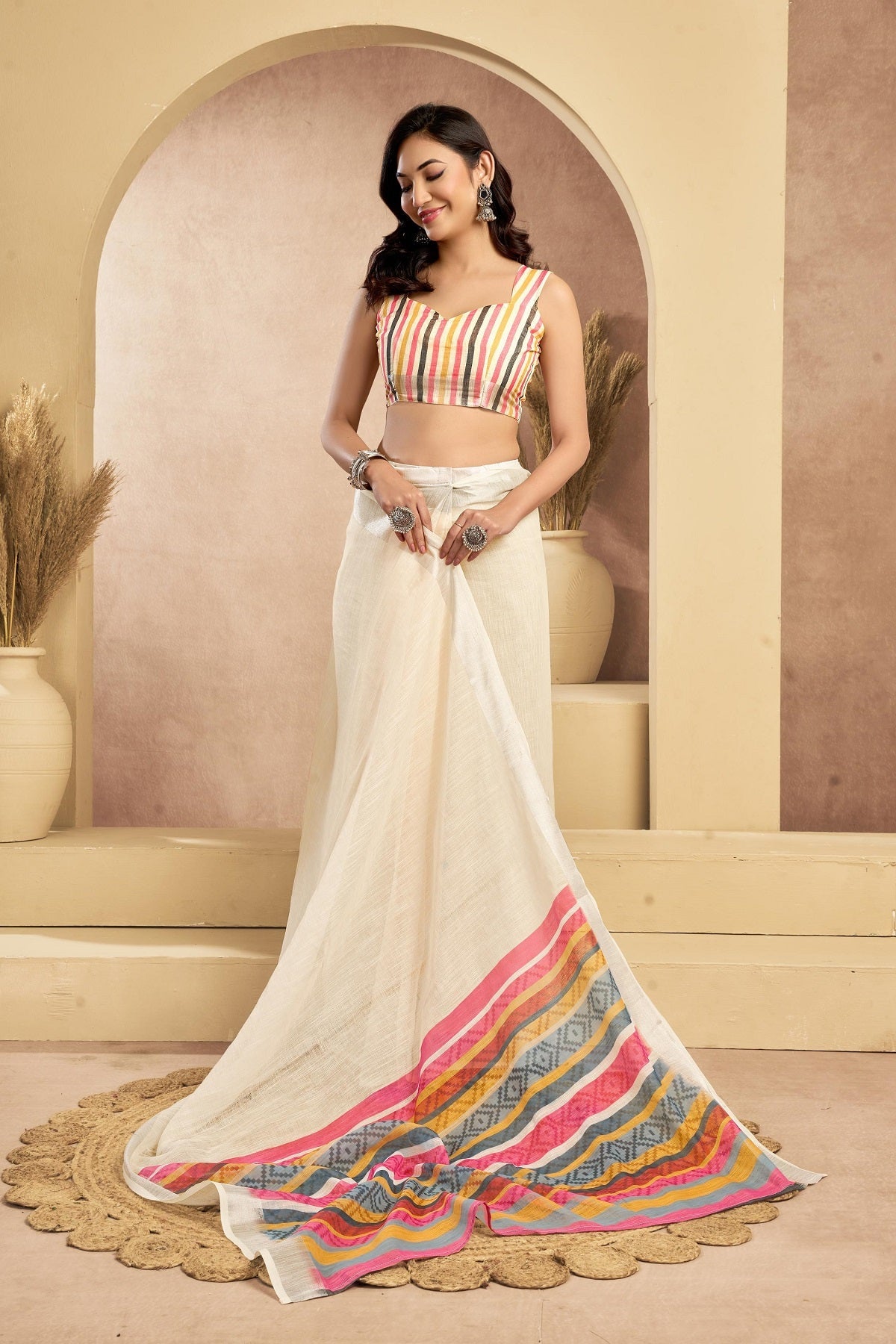 Dwija Fashion Off - White Party Wear Printed Linen Ready To Wear Saree With Unstitched Blouse