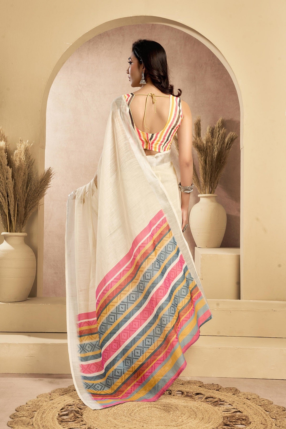 Dwija Fashion Off - White Party Wear Printed Linen Ready To Wear Saree With Unstitched Blouse