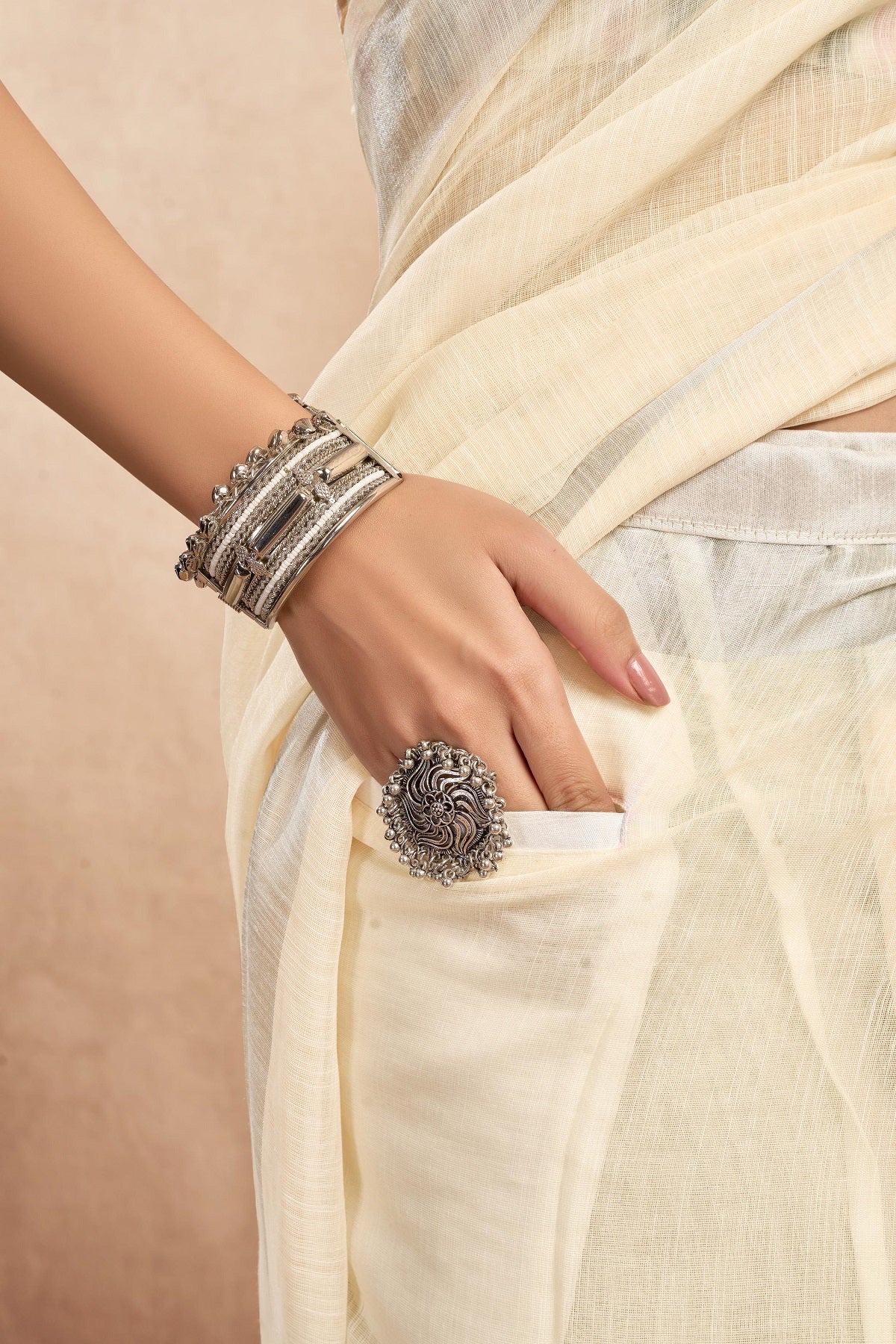 Dwija Fashion Off - White Party Wear Printed Linen Ready To Wear Saree With Unstitched Blouse
