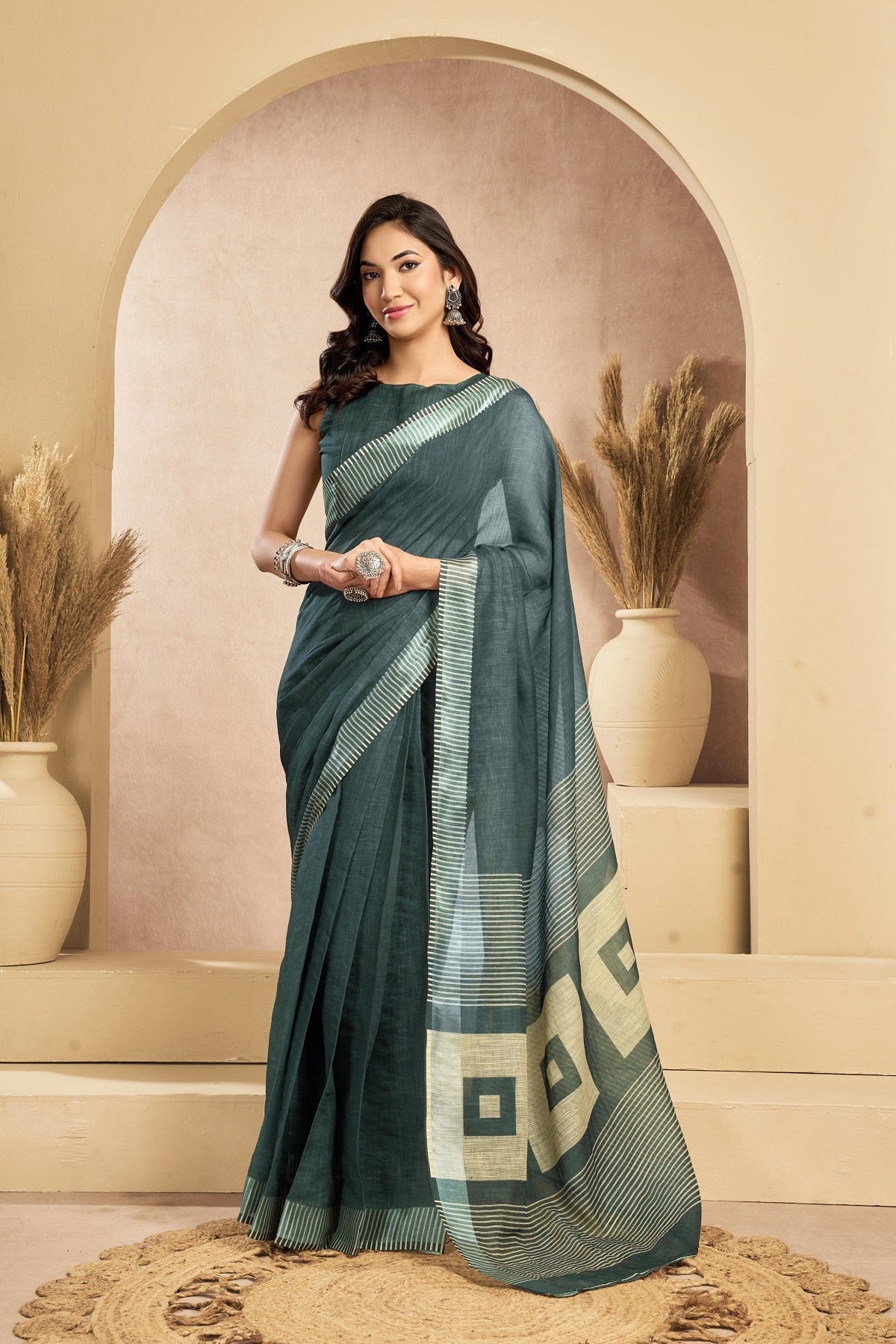Dwija Fashion Sage Green Party Wear Printed Linen Ready To Wear Saree With Unstitched Blouse