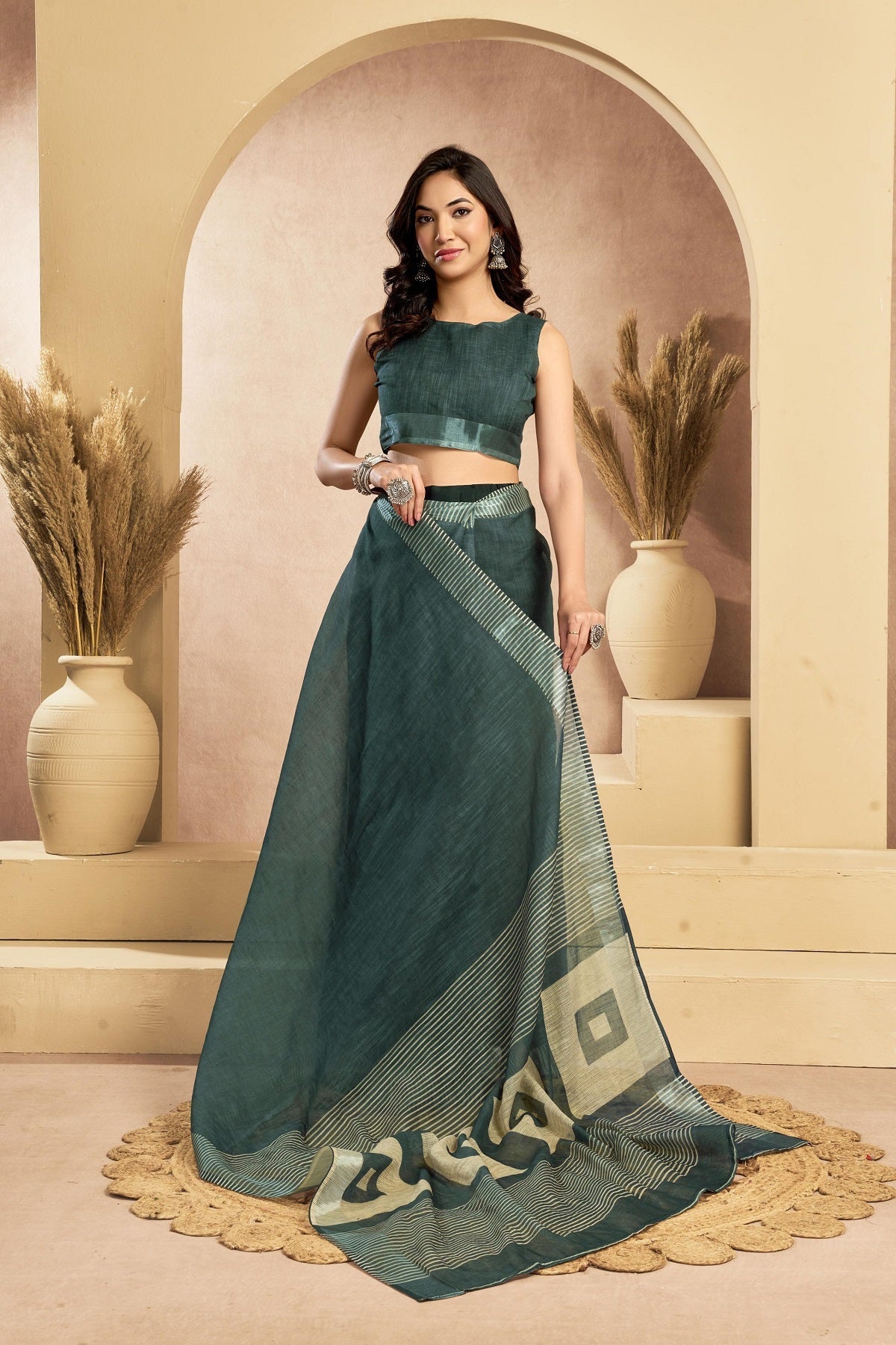 Dwija Fashion Sage Green Party Wear Printed Linen Ready To Wear Saree With Unstitched Blouse