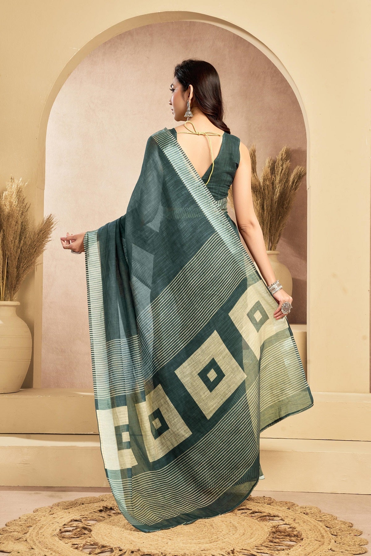 Dwija Fashion Sage Green Party Wear Printed Linen Ready To Wear Saree With Unstitched Blouse