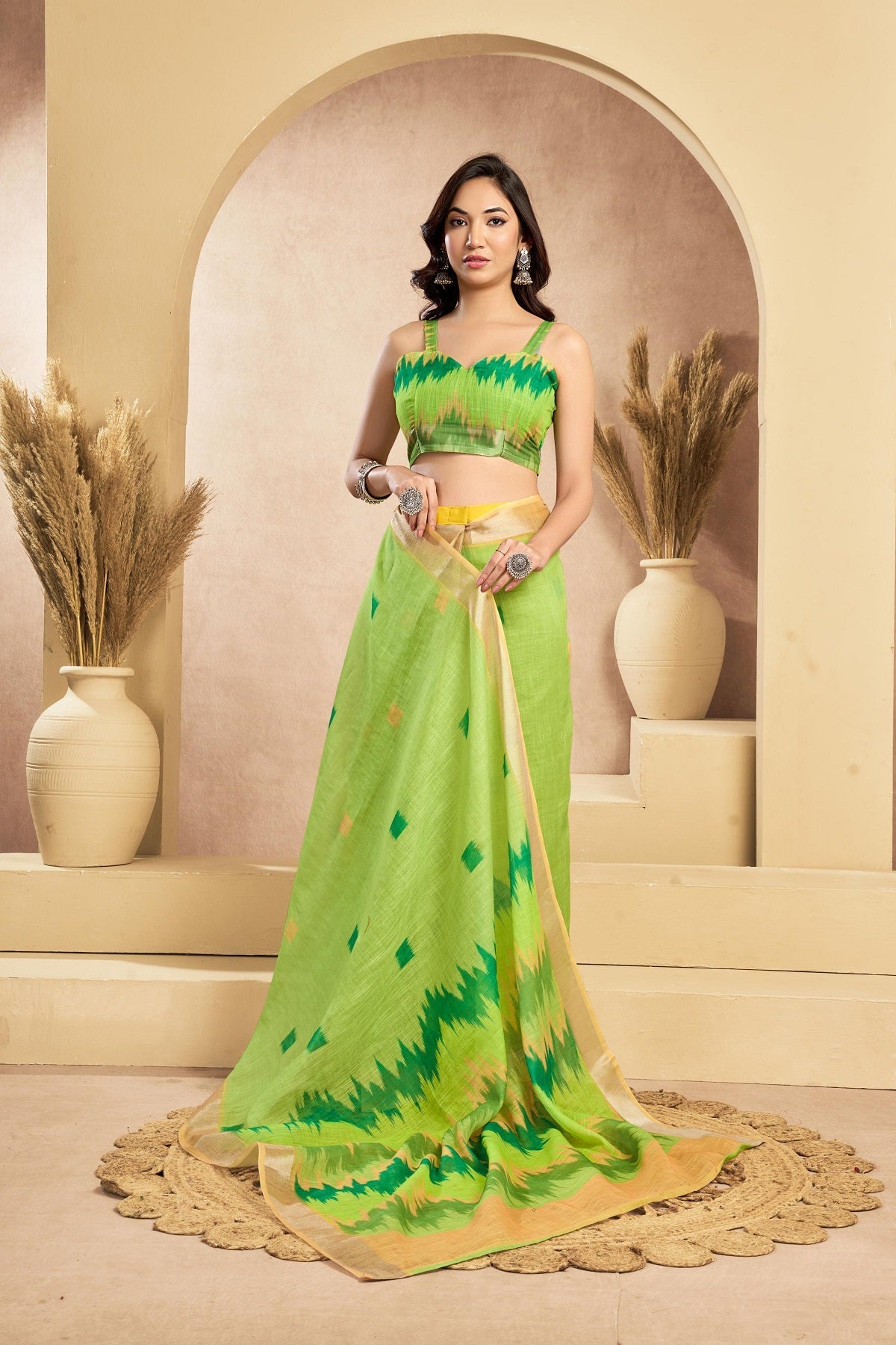 Dwija Fashion Mint Green Party Wear Printed Linen Ready To Wear Saree With Unstitched Blouse
